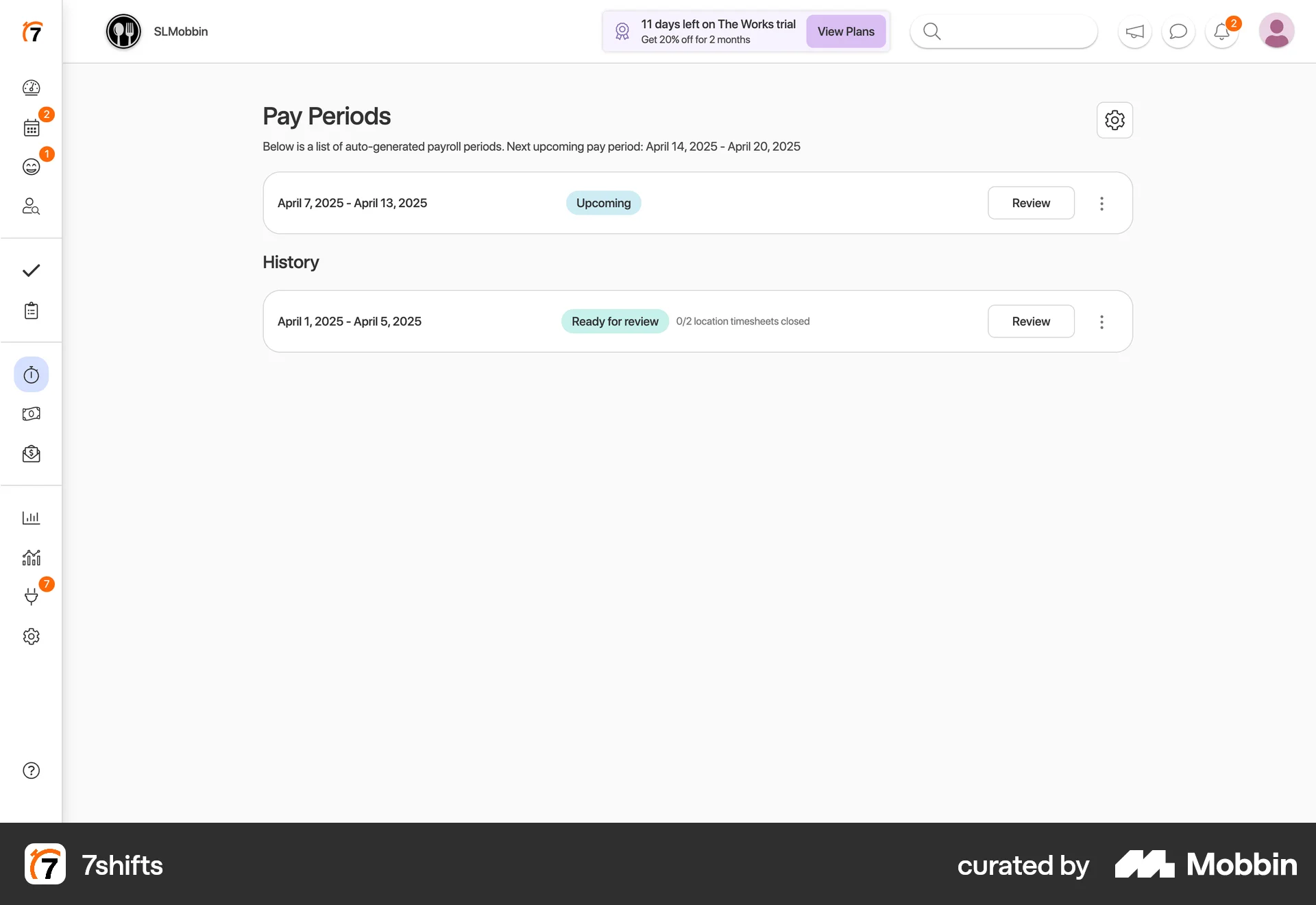 7shifts Web Timeline & History screen