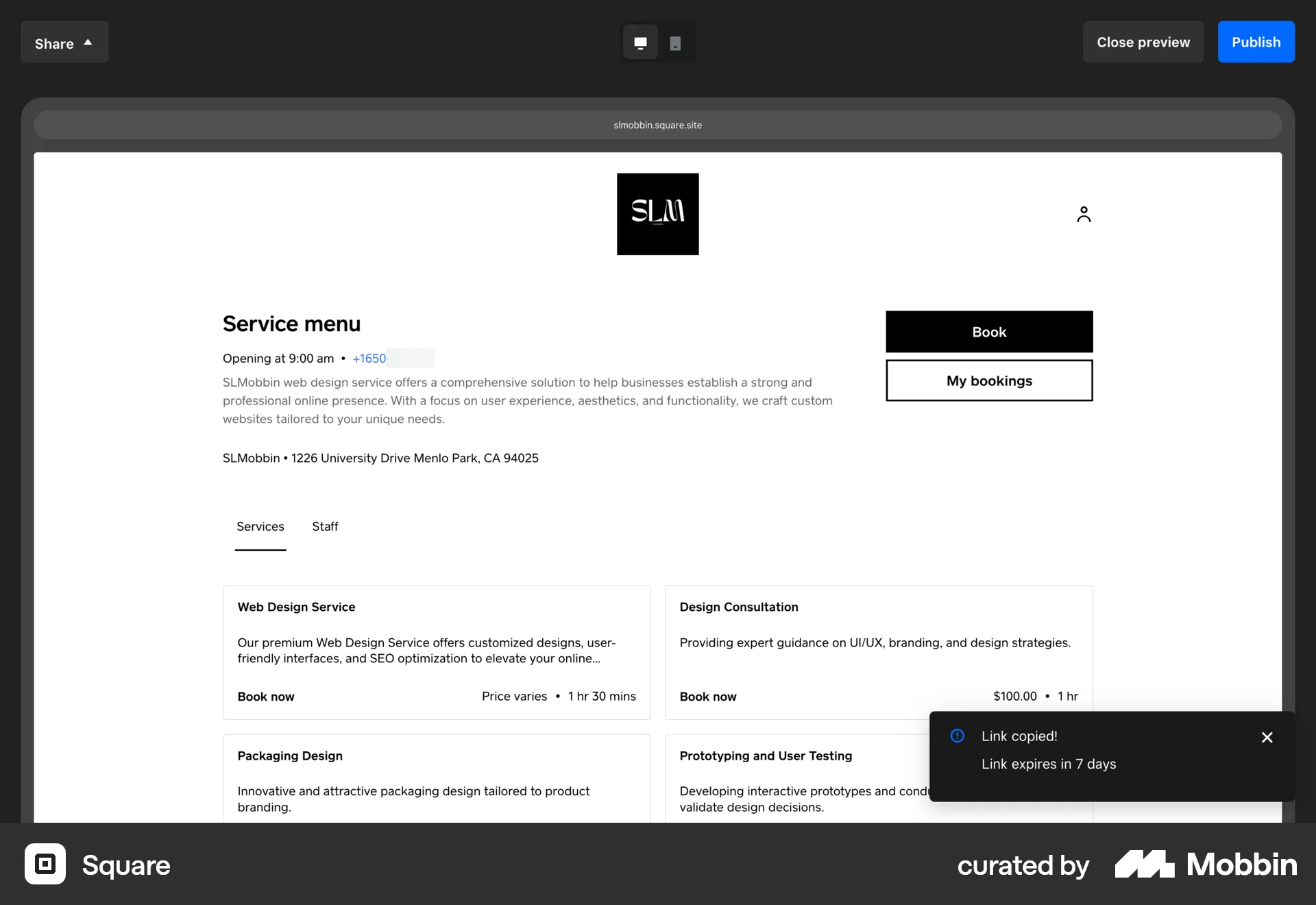 Square Web screen containing Toast UI element