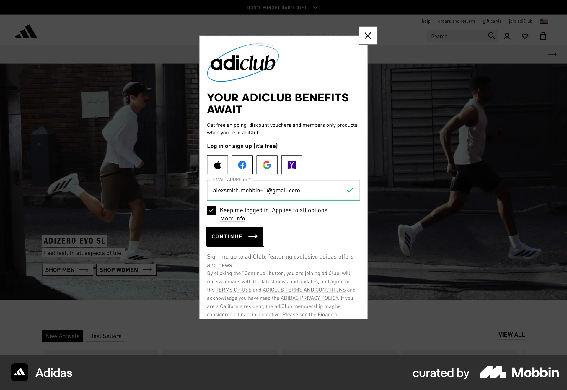 adidas Web Signup screen