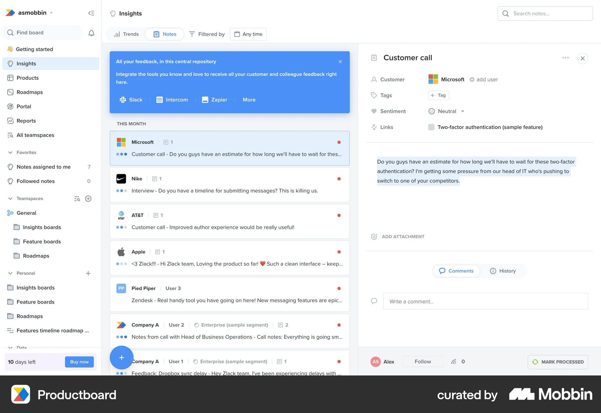 Productboard Web Note Detail screen