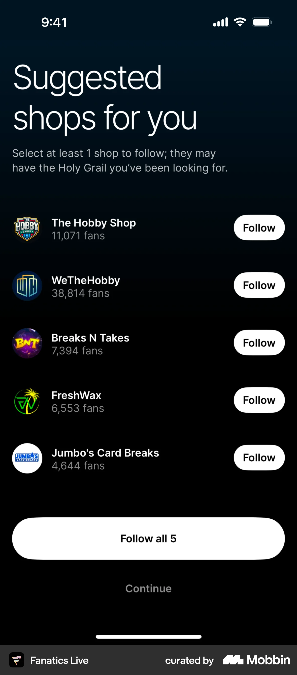 Fanatics Live iOS Suggestions & Similar Items screen