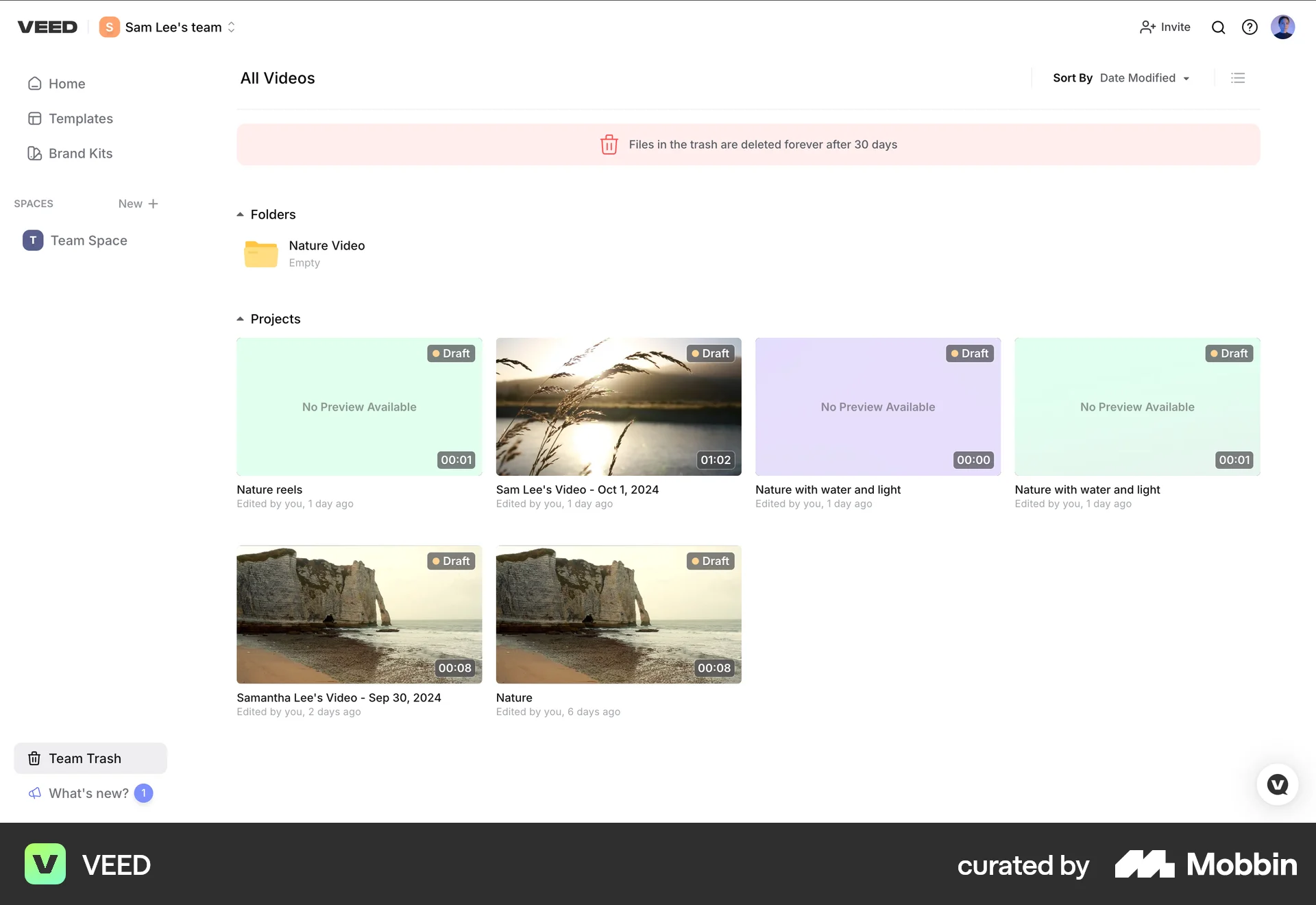 VEED Web Trash & Archive screen