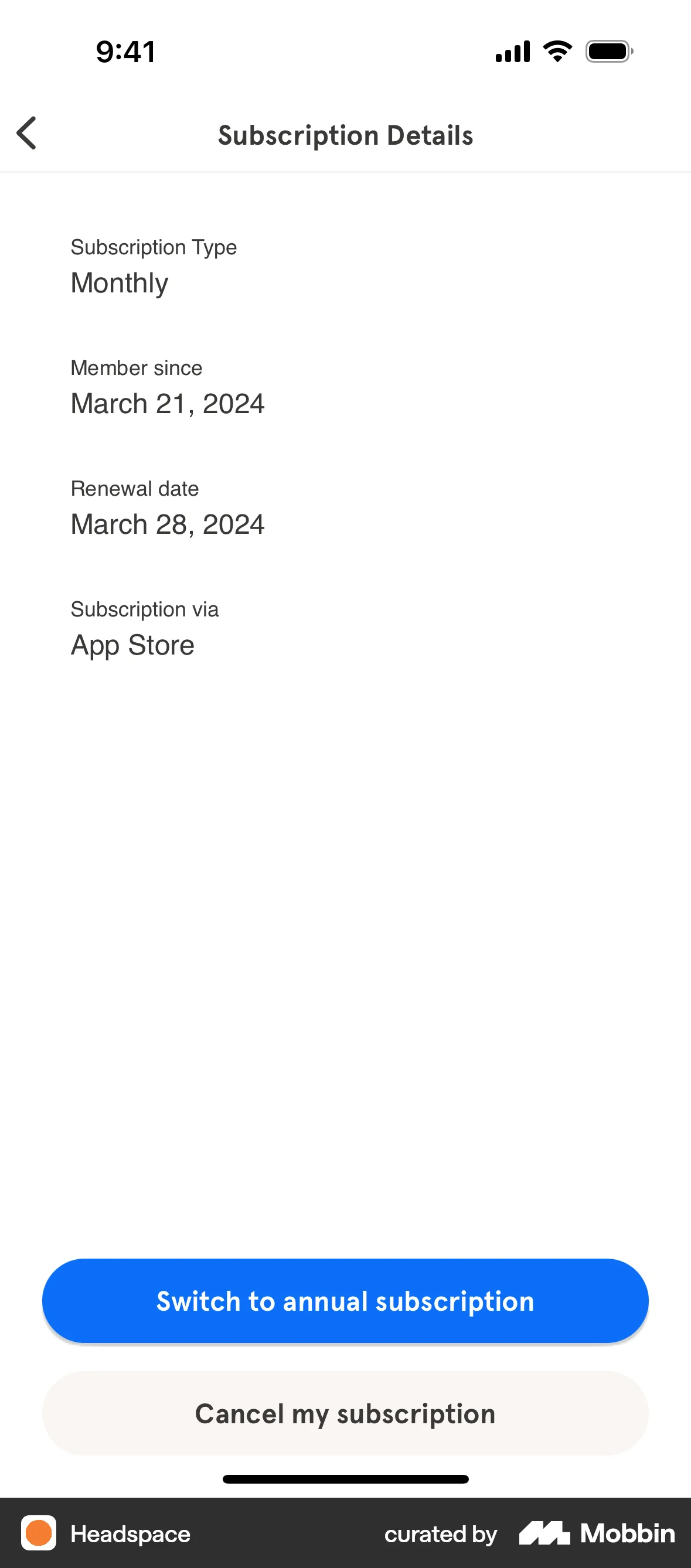 Headspace iOS Billing screen