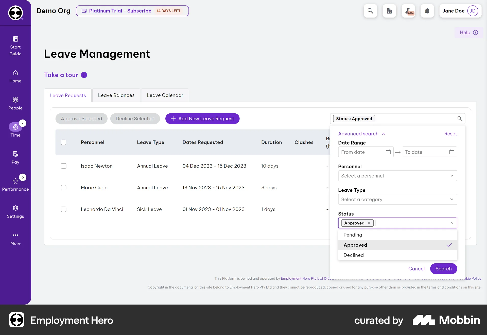 Employment Hero Web screen containing Select UI element