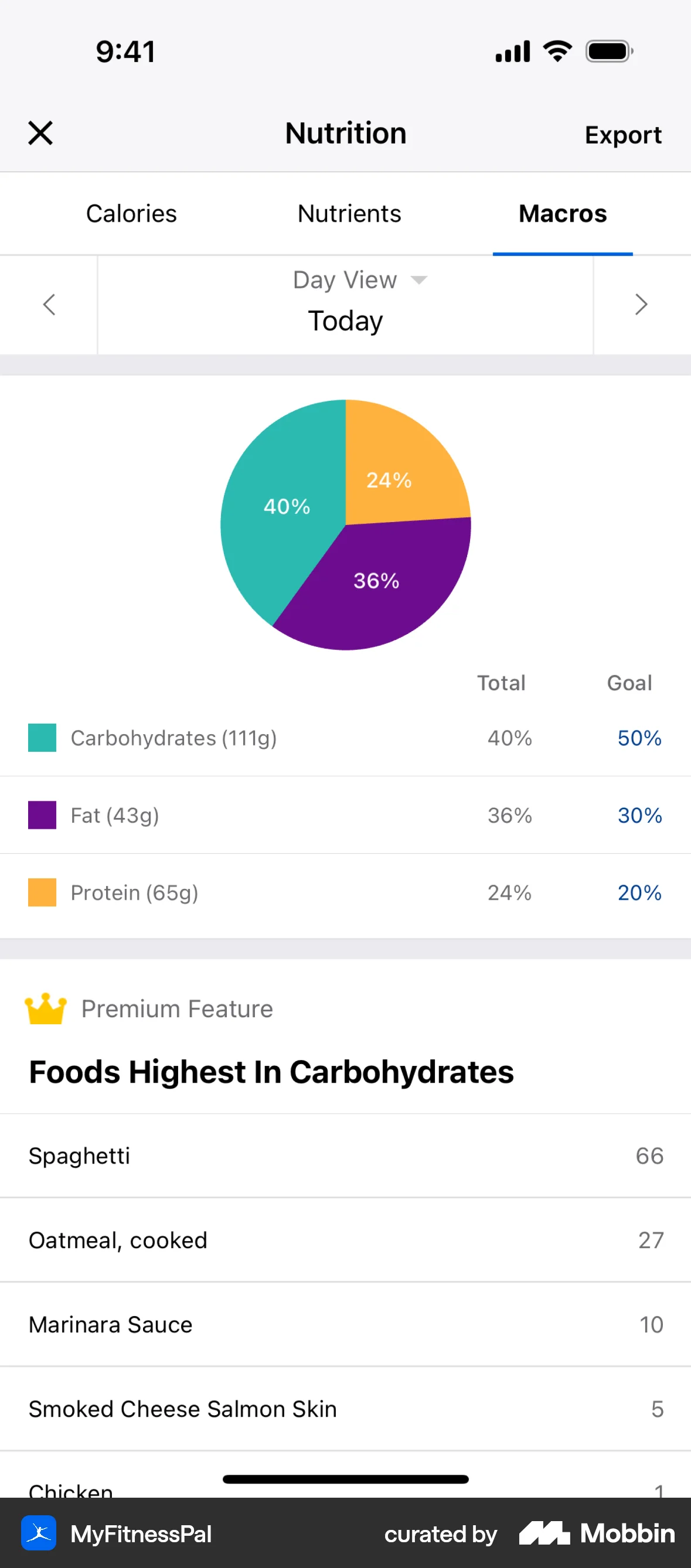 MyFitnessPal iOS Pie Chart UI screen