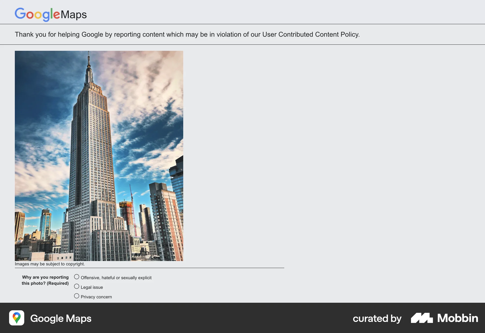 Google Maps Web Flag & Report screen
