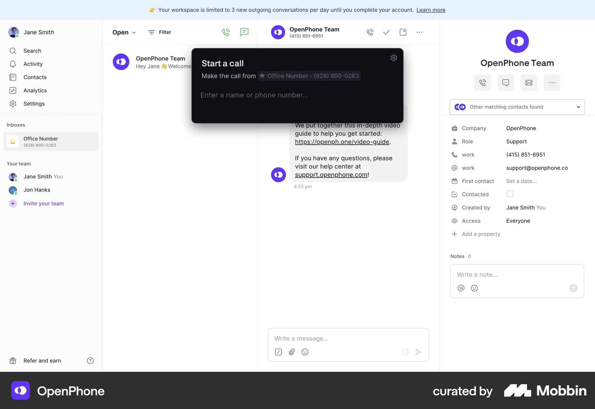 OpenPhone Web Call screen