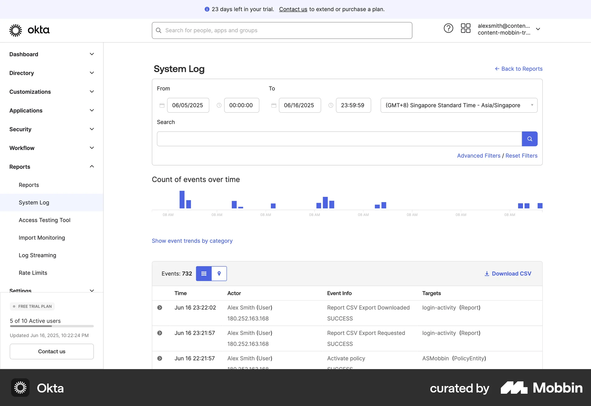 Okta Web Log Dashboard screen