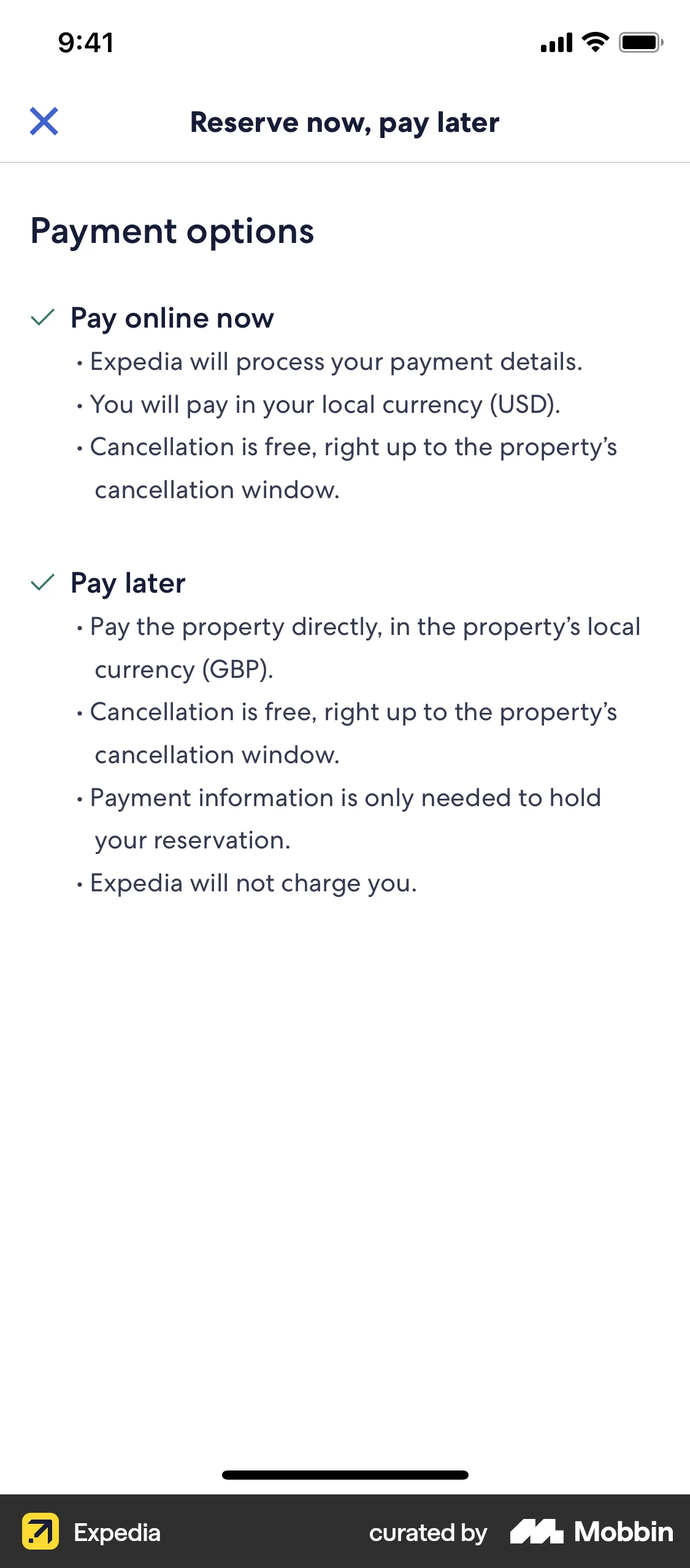 Expedia iOS Feature Info screen