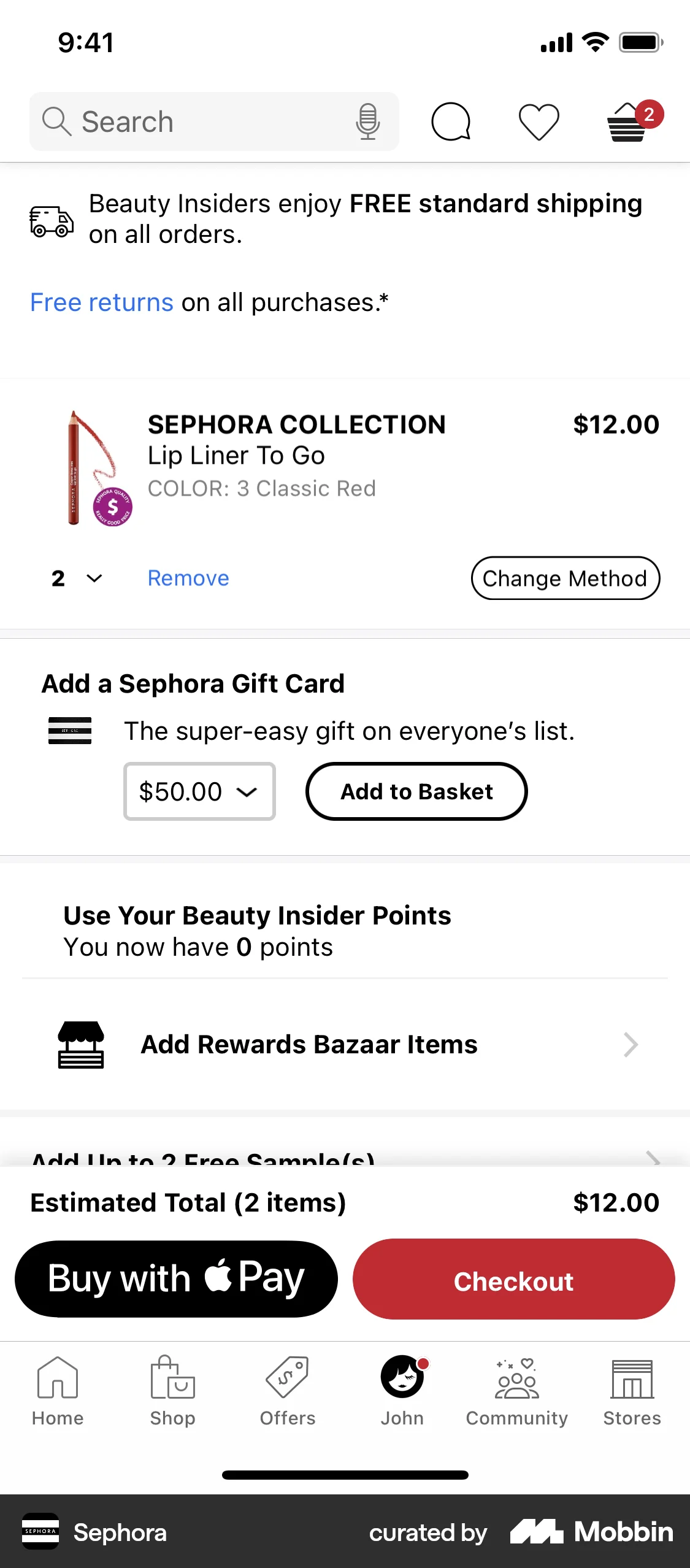 Sephora iOS Mobile Shopping Cart screen