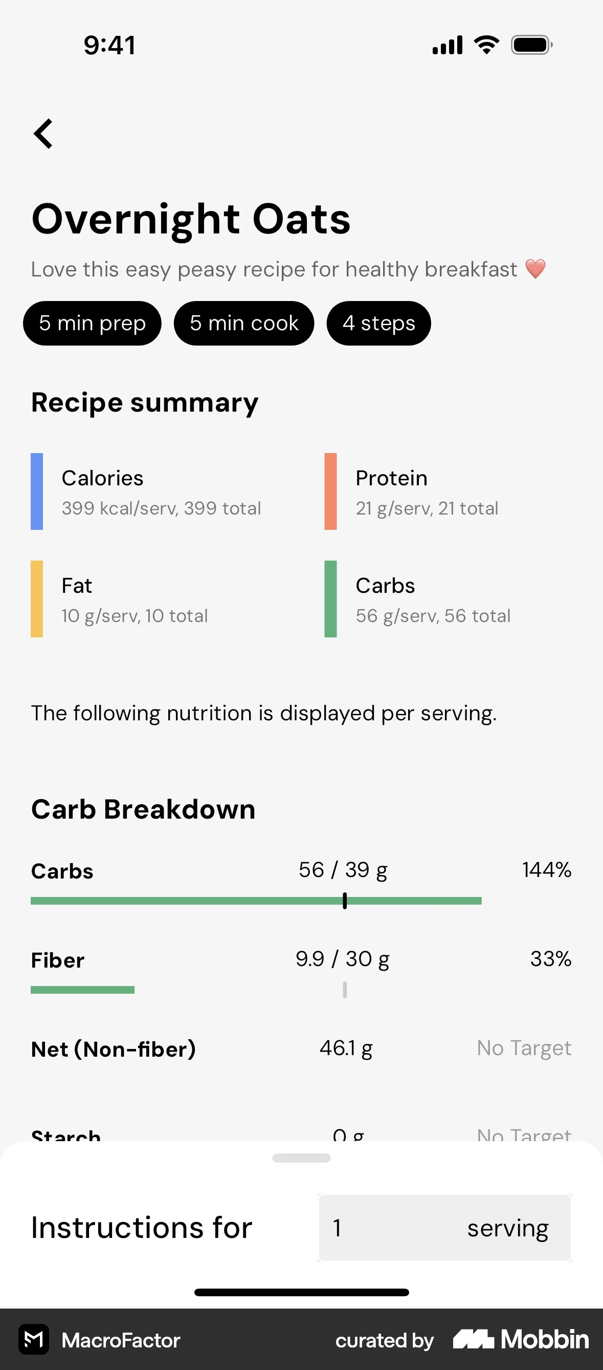 MacroFactor iOS Recipe Detail screen