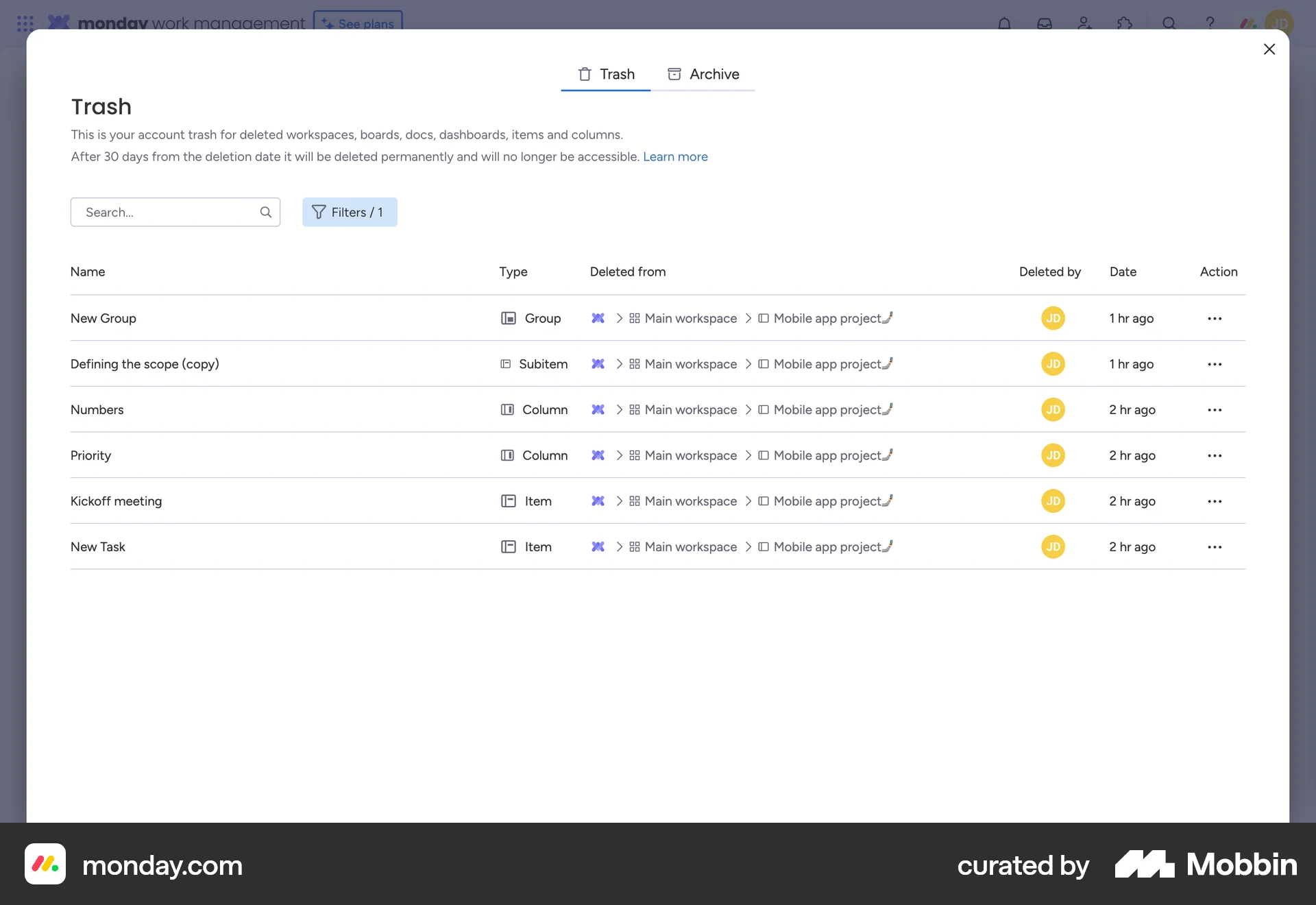 monday.com Web Trash & Archive screen