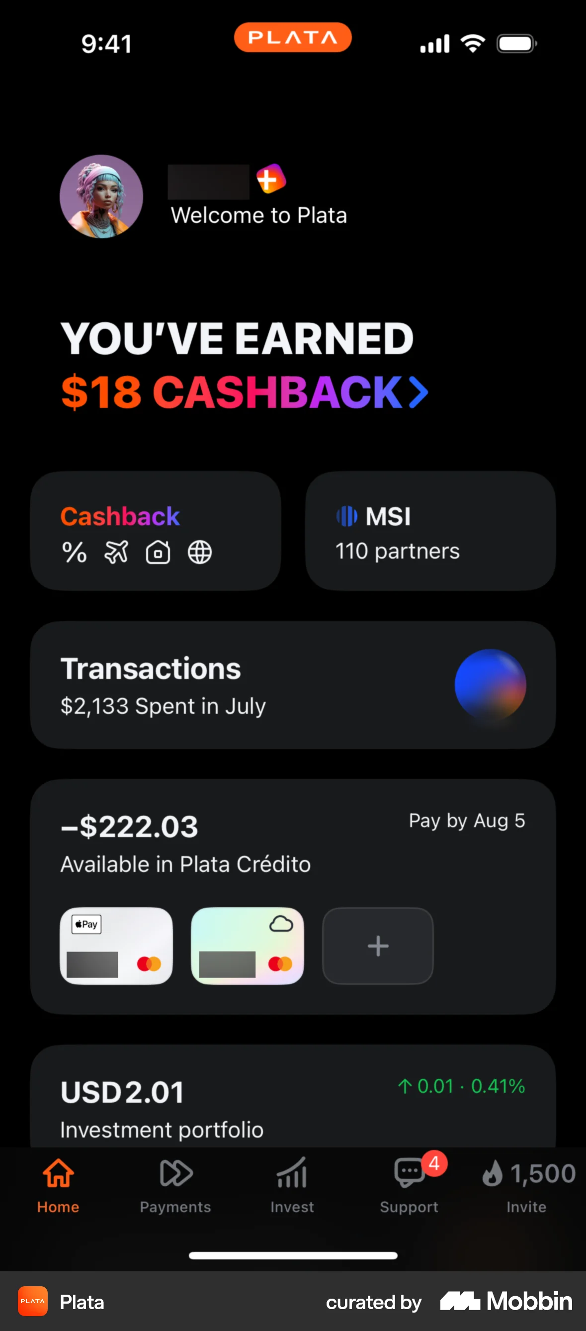 Plata Card iOS Dark Mode screen