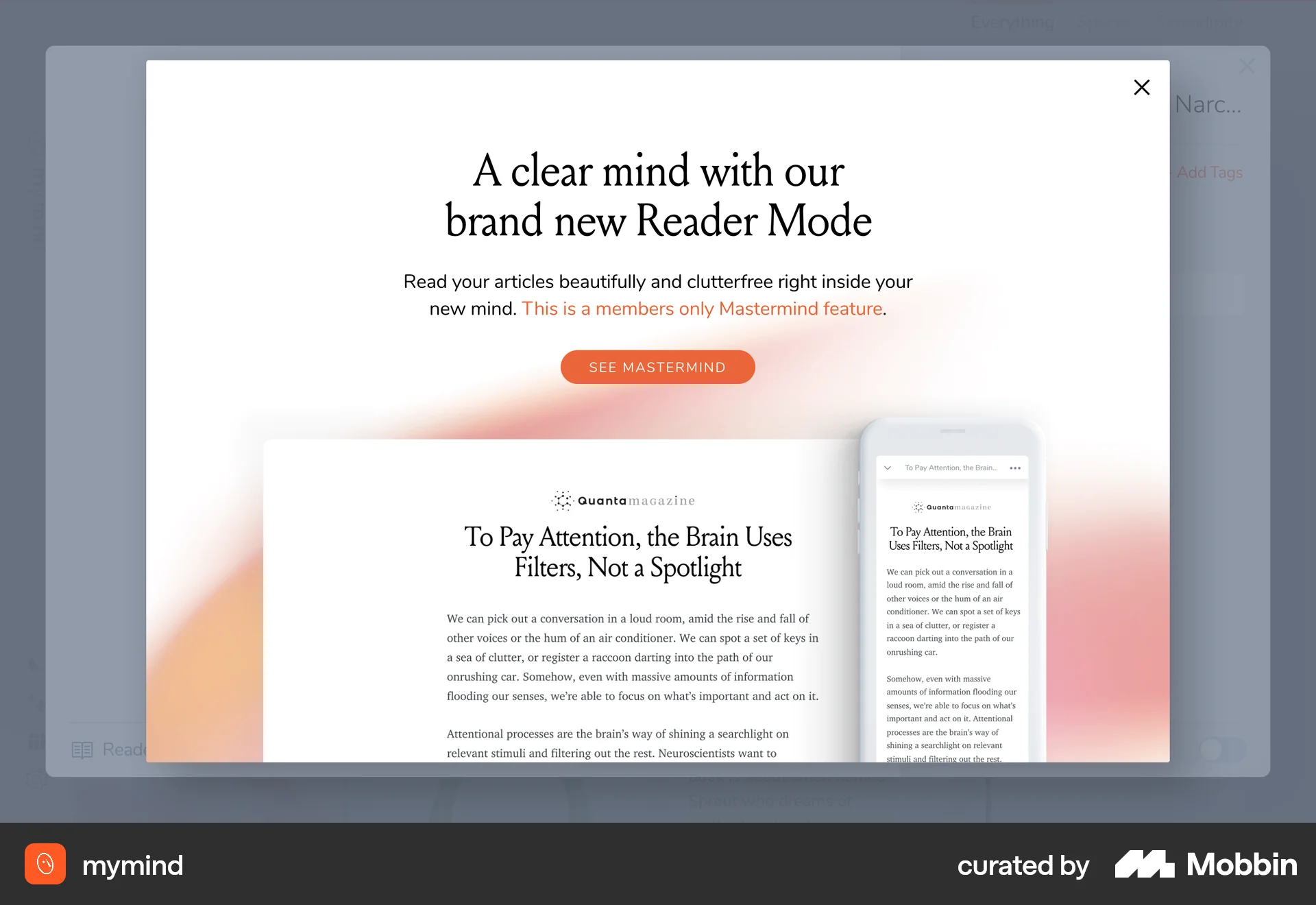 mymind Web screen containing Modal UI UI element