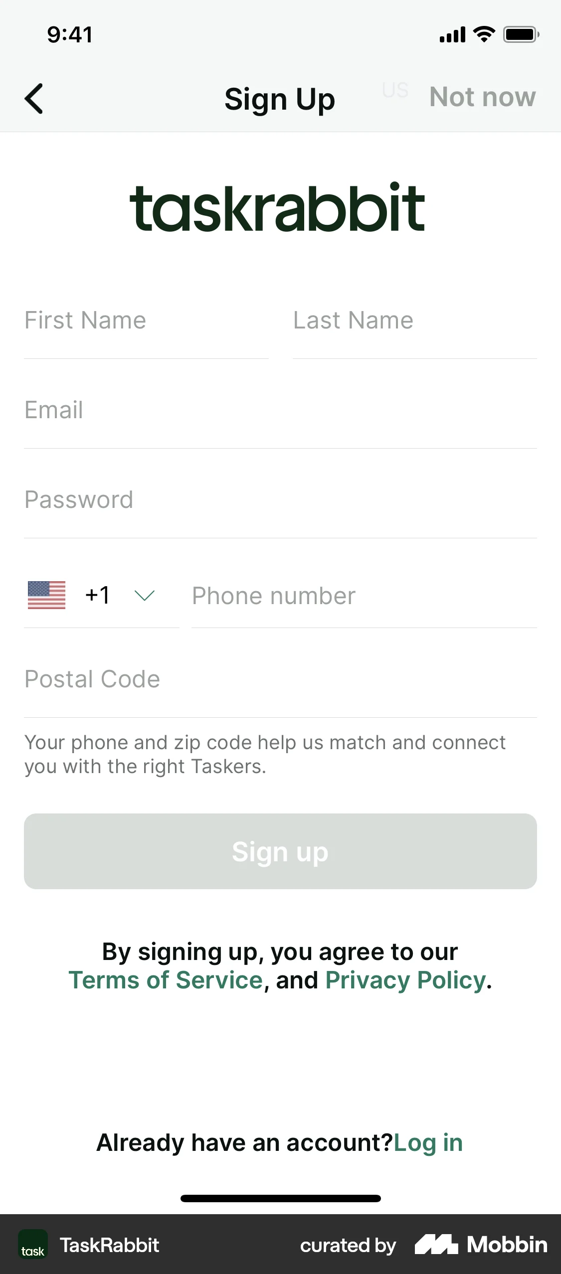Taskrabbit Sign Up TaskRabbit iOS Sign-up form | Mobbin