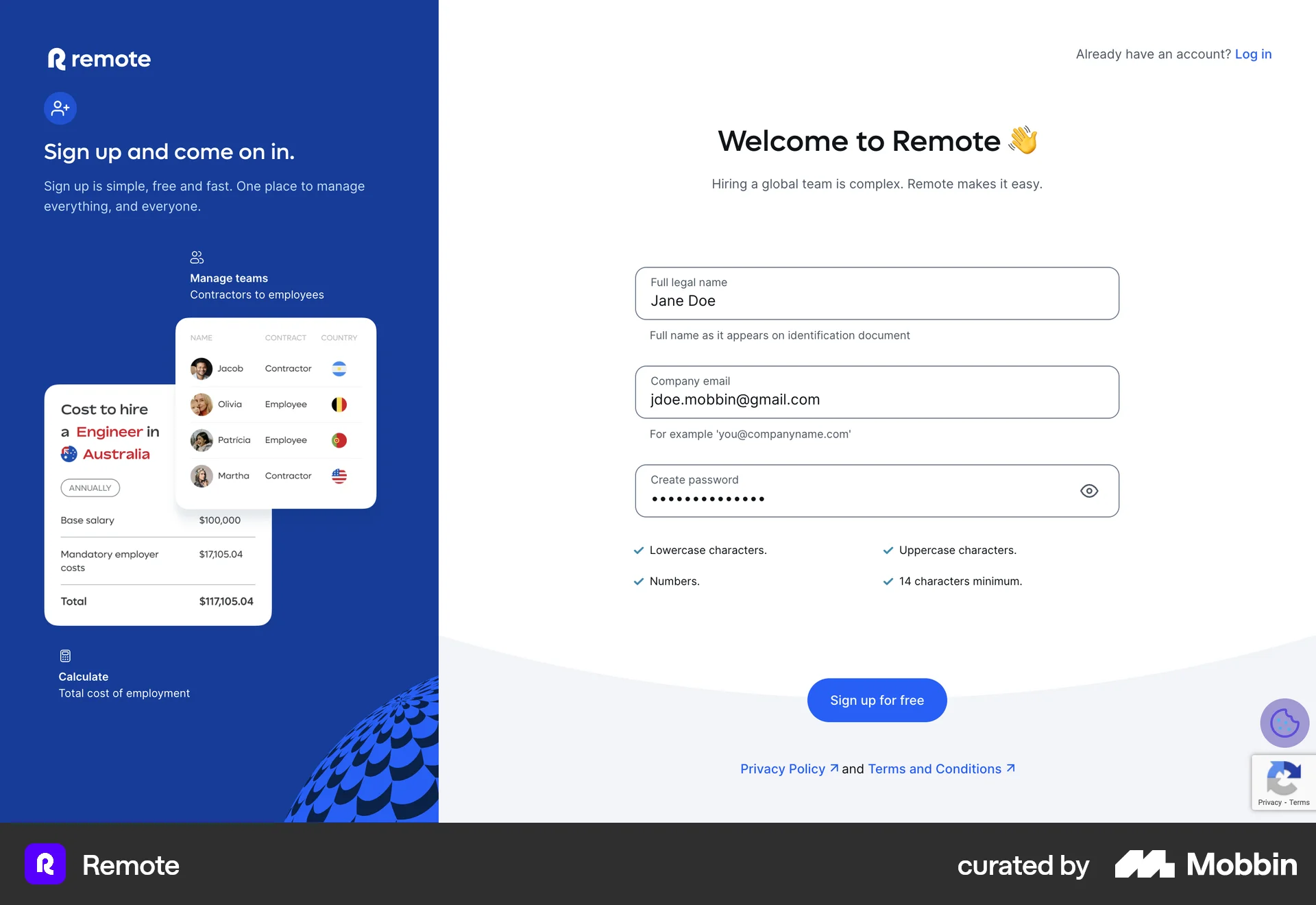Remote Web Signup screen