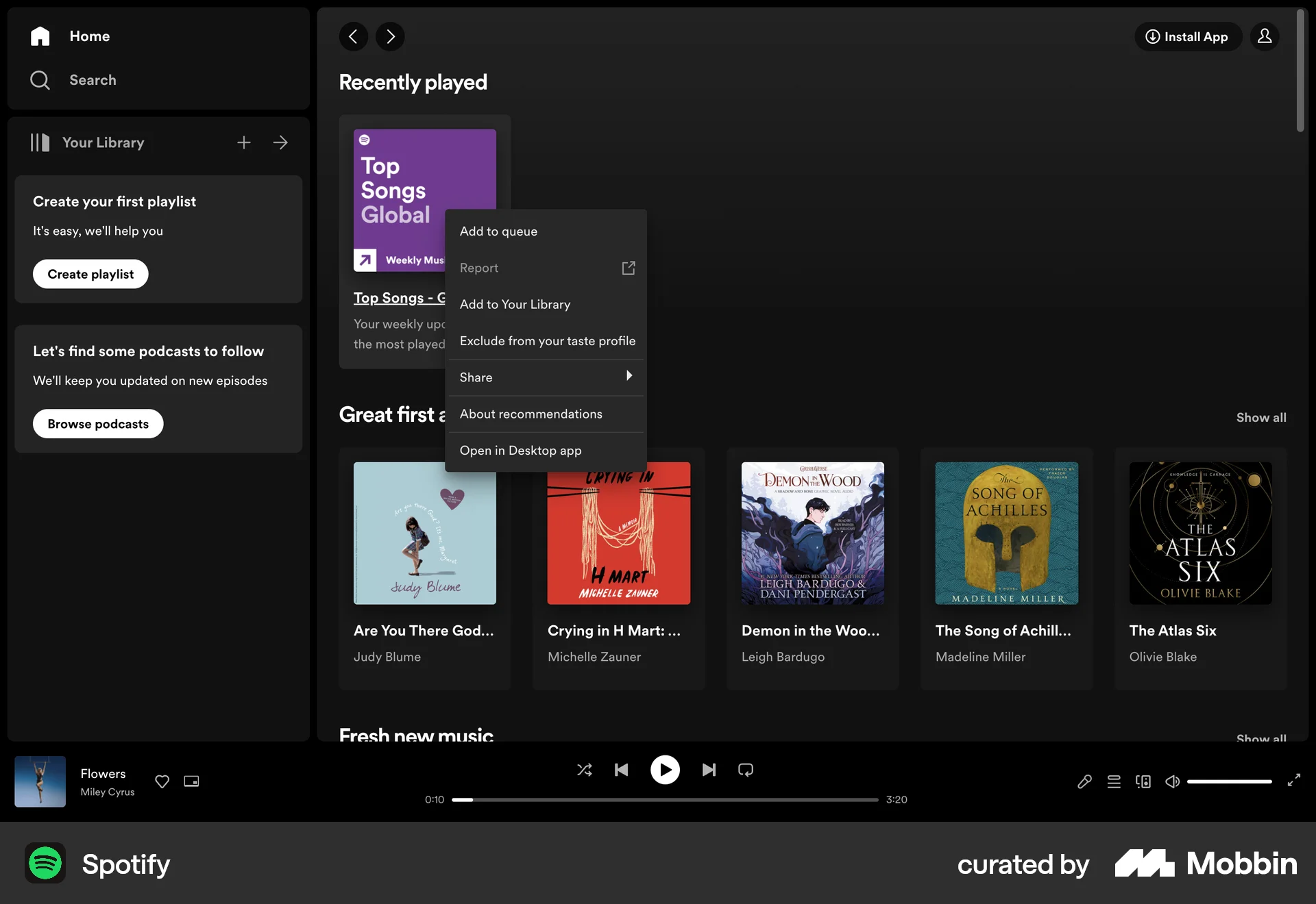 Spotify Web screen containing Context Menu UI element