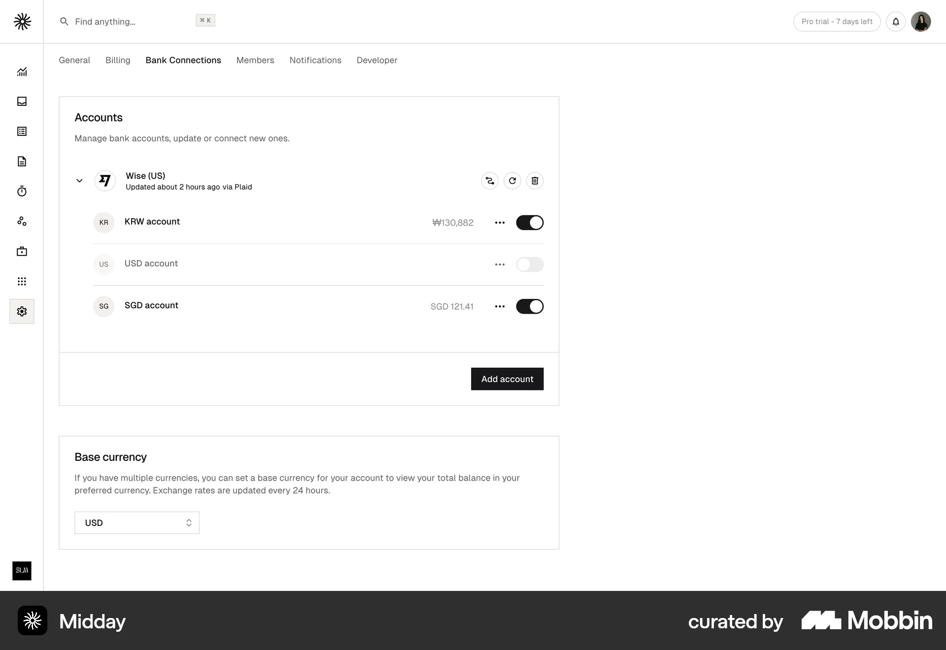Midday Web Settings & Preferences screen