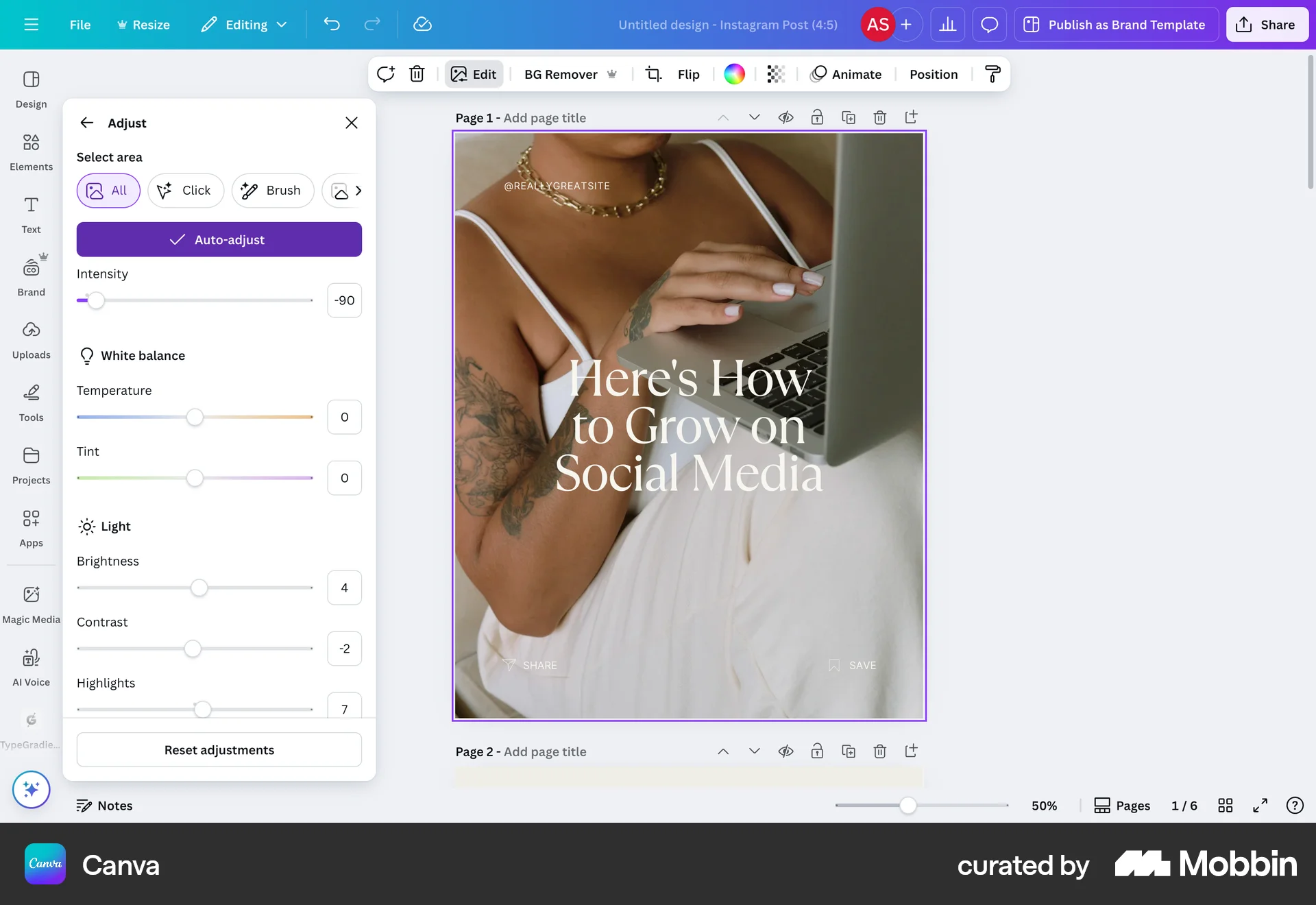 Canva Web screen containing Slider UI element