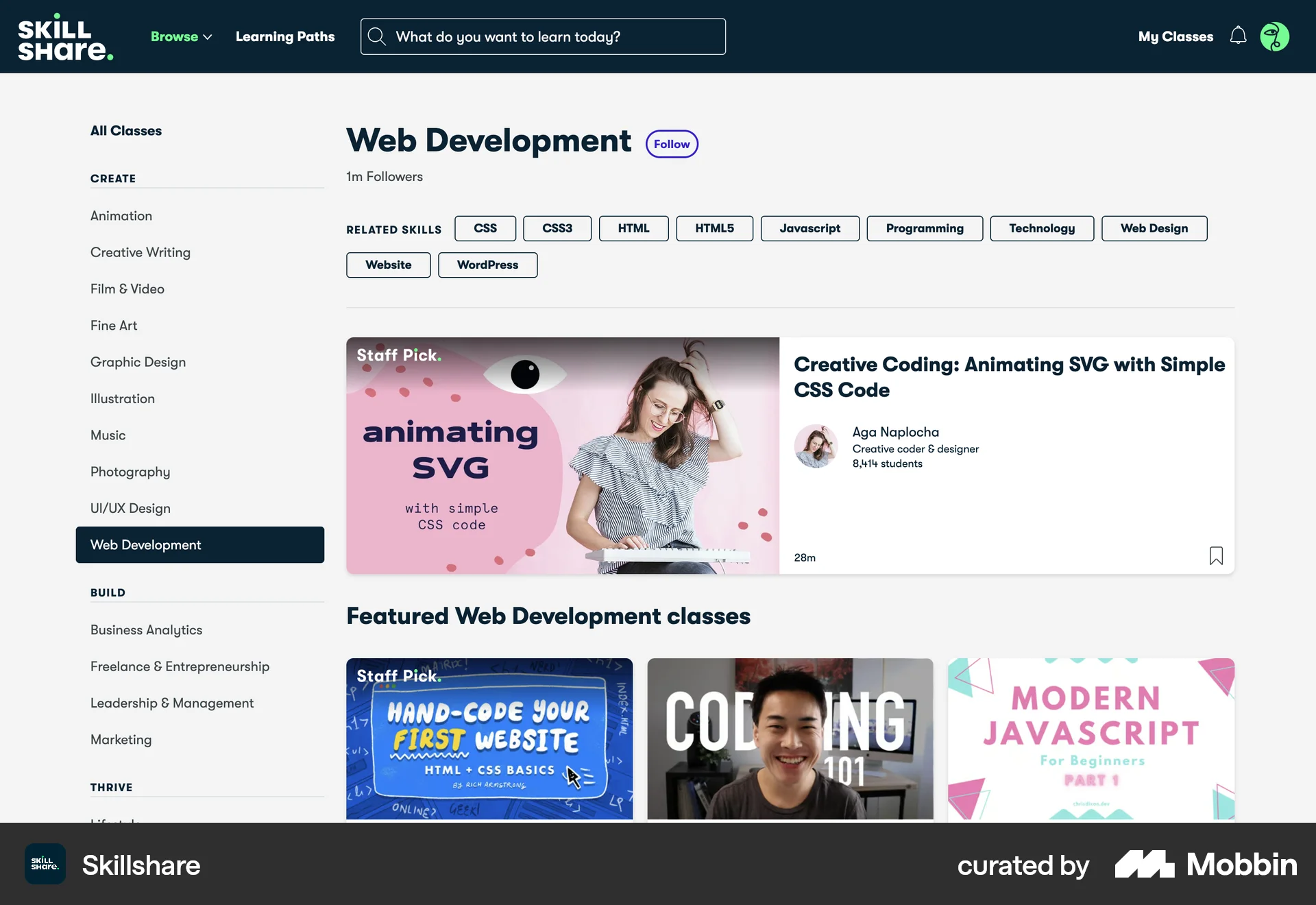Skillshare Web Browse & Discover screen