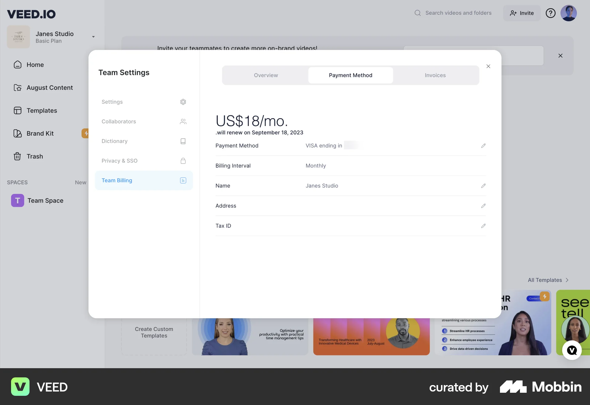 VEED Web Billing screen
