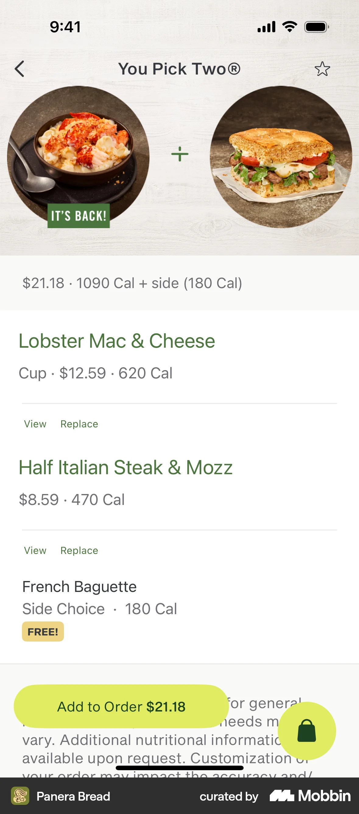 Panera Bread iOS Pricing screen