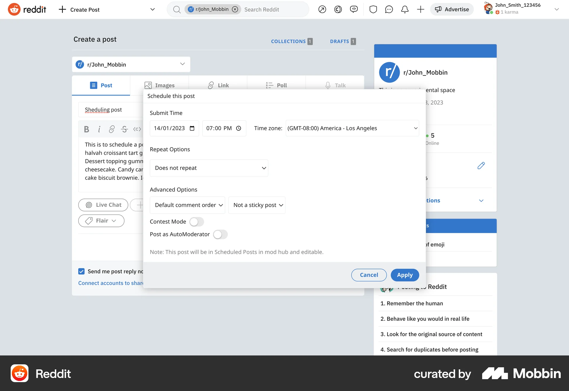 Reddit Web Schedule screen
