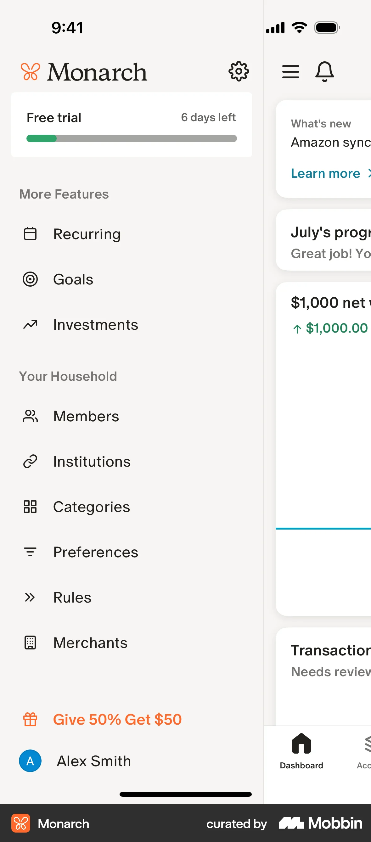 Monarch iOS screen containing Side Navigation UI element