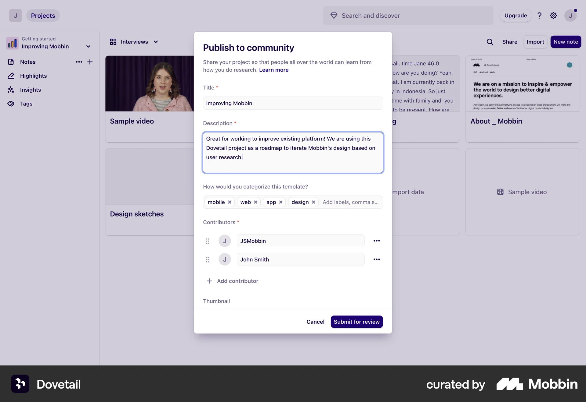 Dovetail Web screen containing Dialog UI element