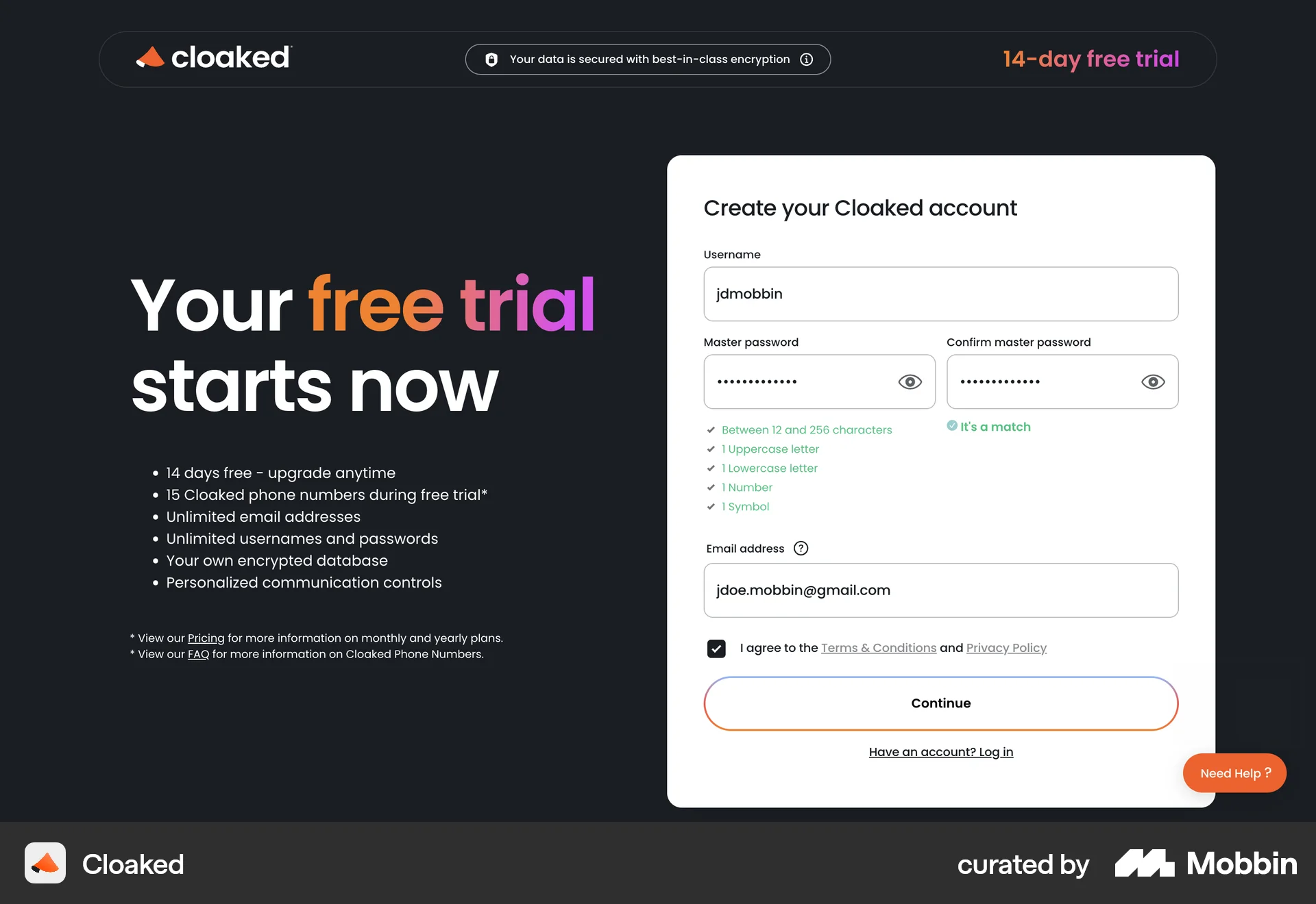 Cloaked Web Signup screen