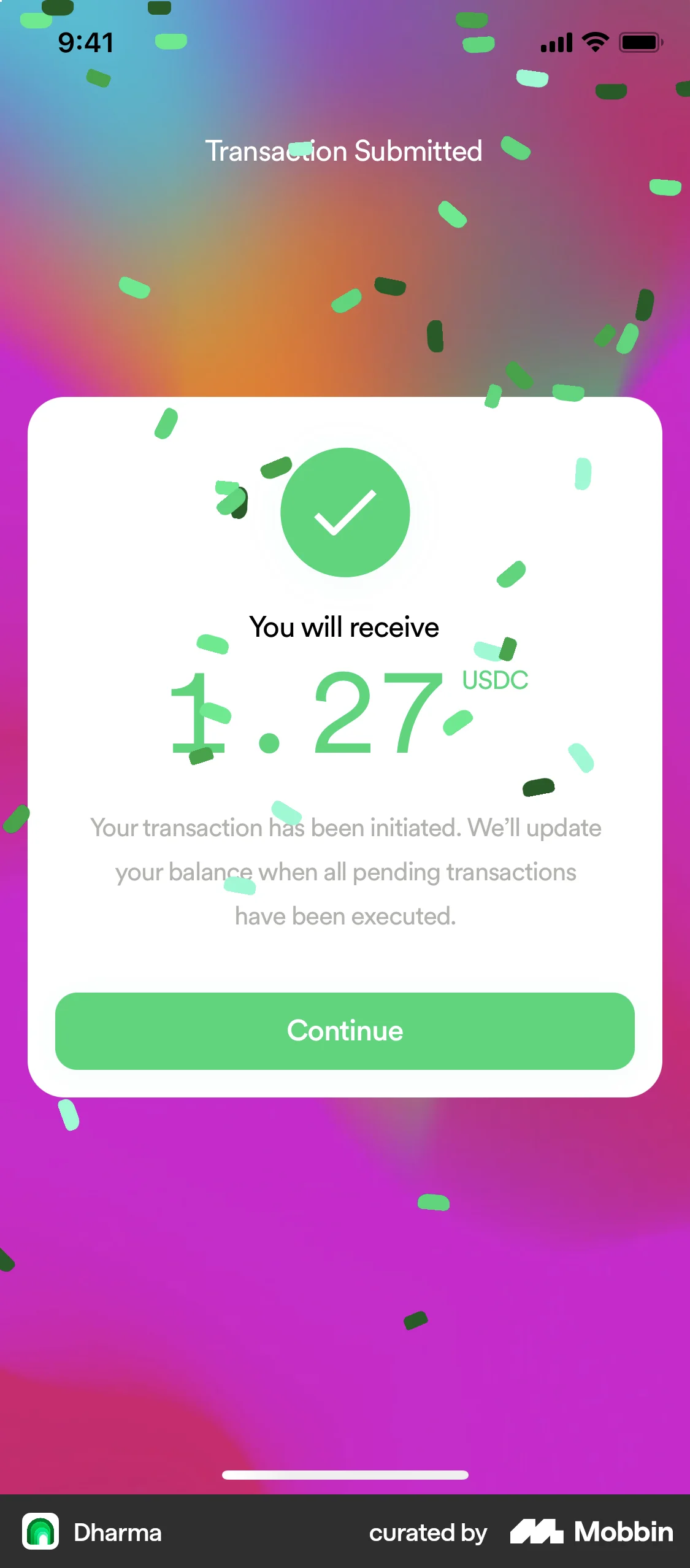 Dharma iOS Confetti screen