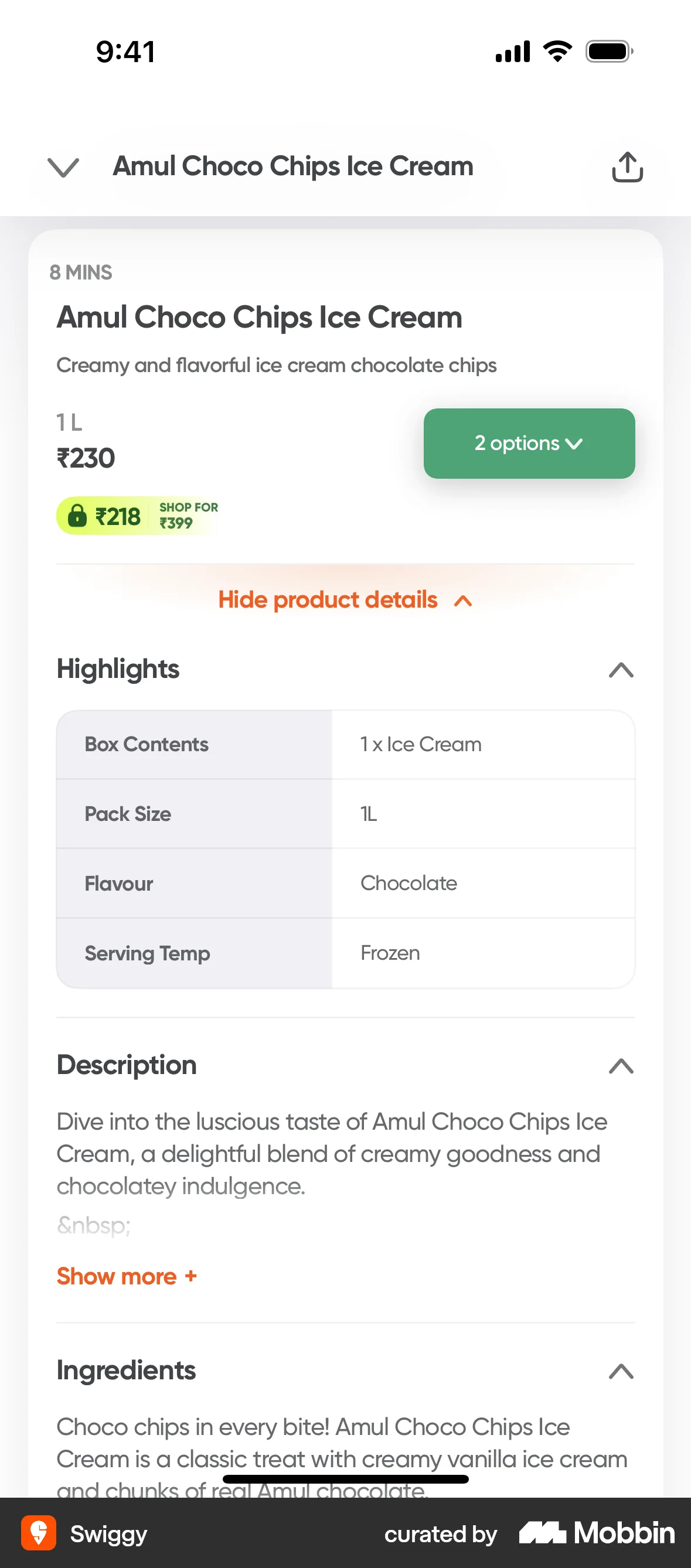 Swiggy iOS Product Detail screen