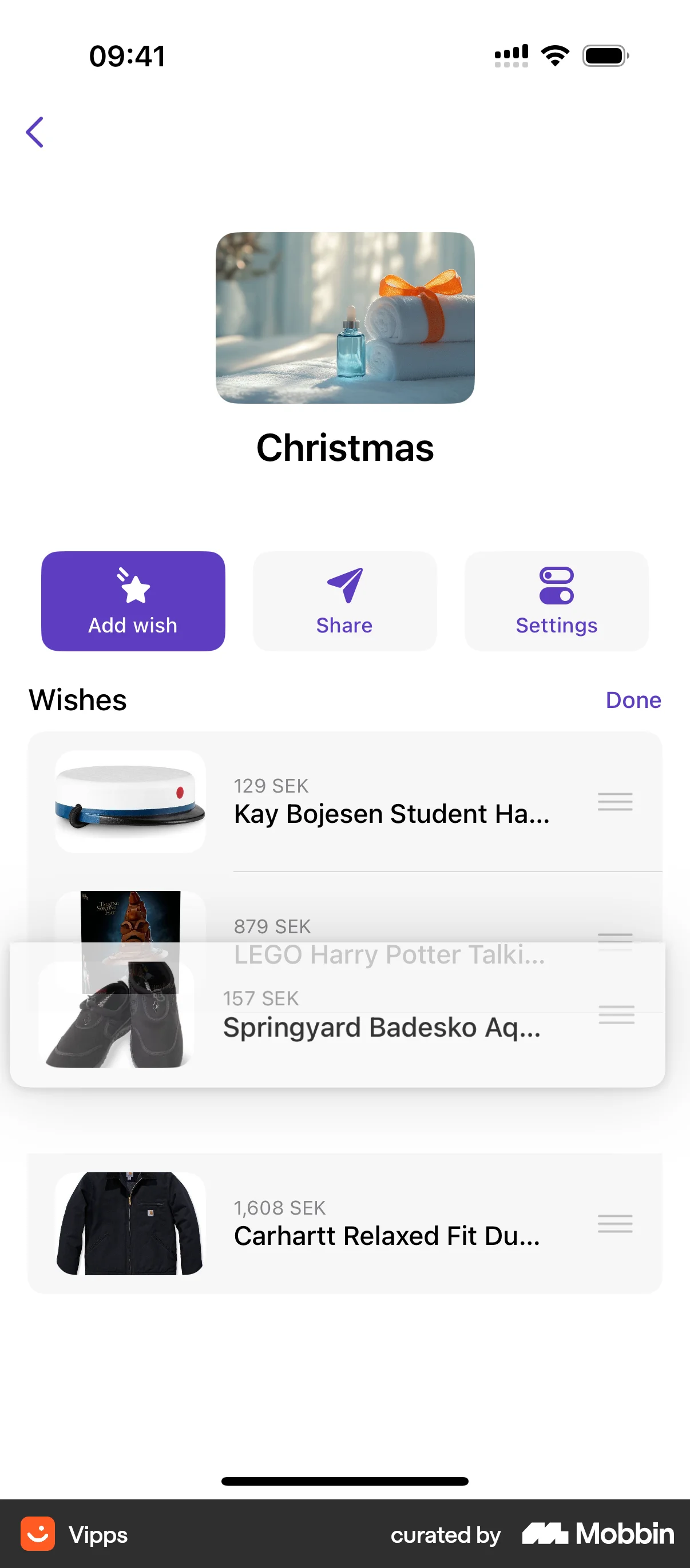 Vipps iOS Reorder screen