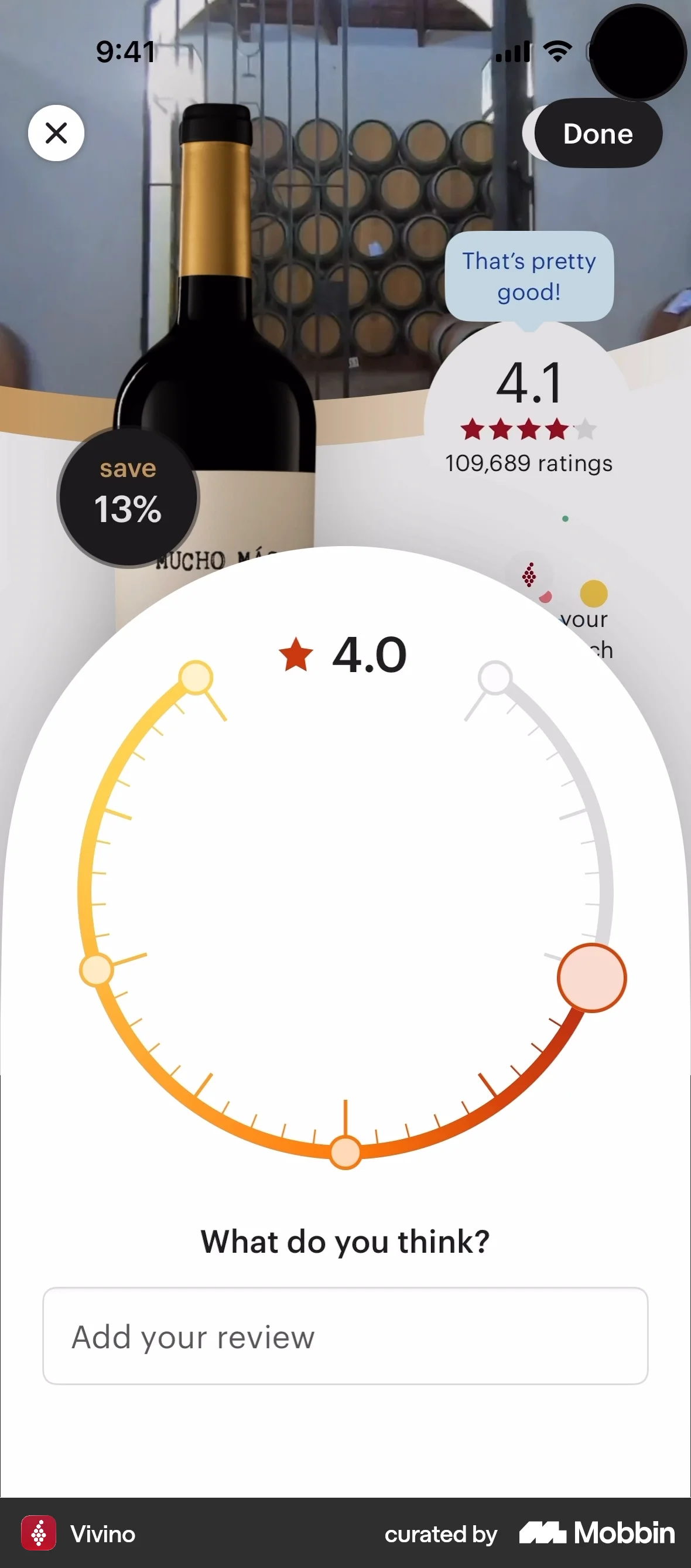 Vivino iOS screen containing Slider UI element
