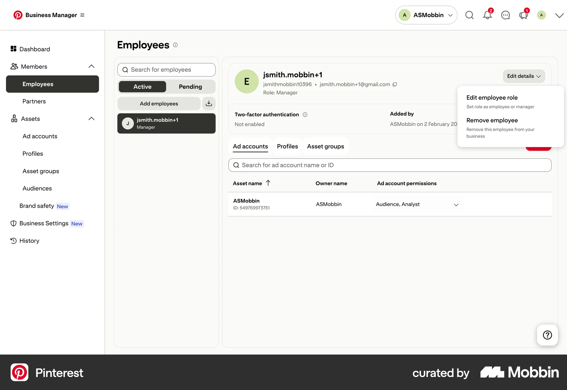 Pinterest Web Admin UI screen
