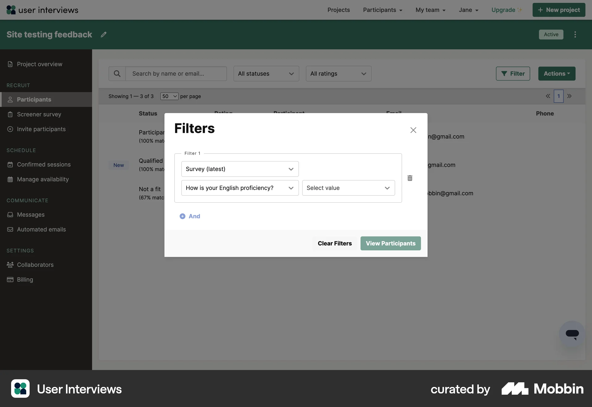 User Interviews Web screen containing Filter Panel UI UI element