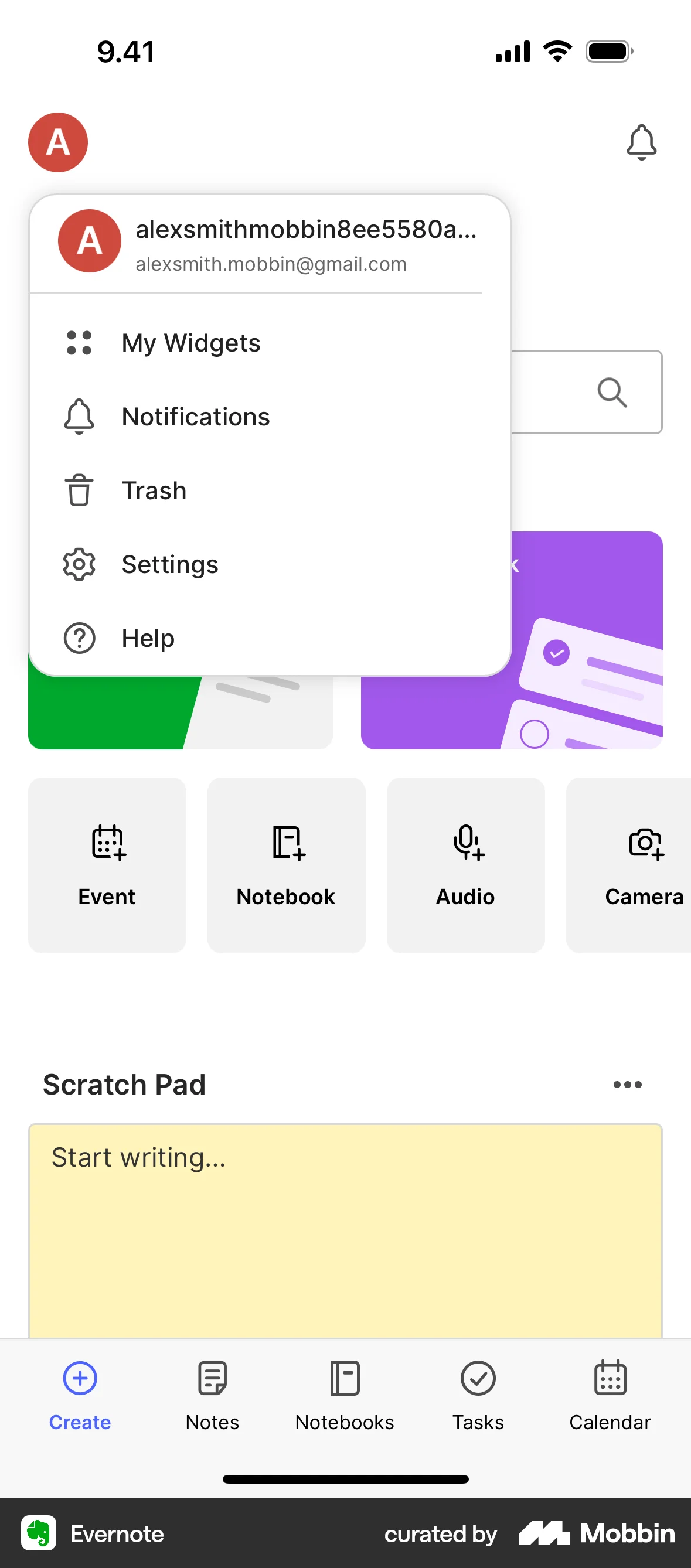 Evernote iOS screen containing Dropdown Menu UI element