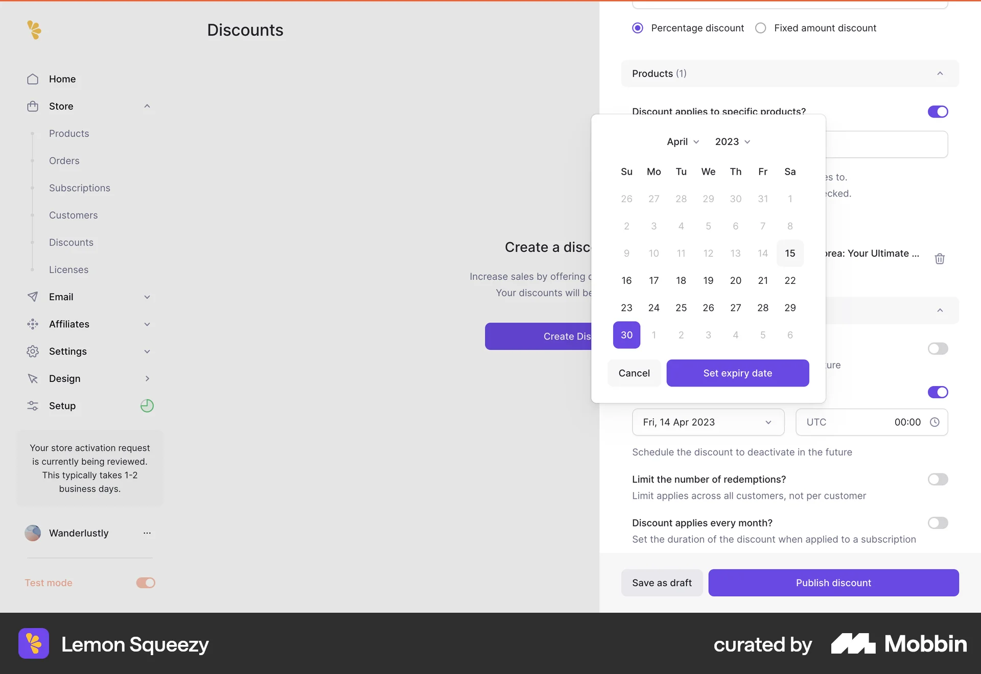 Lemon Squeezy Web screen containing Date Picker UI element