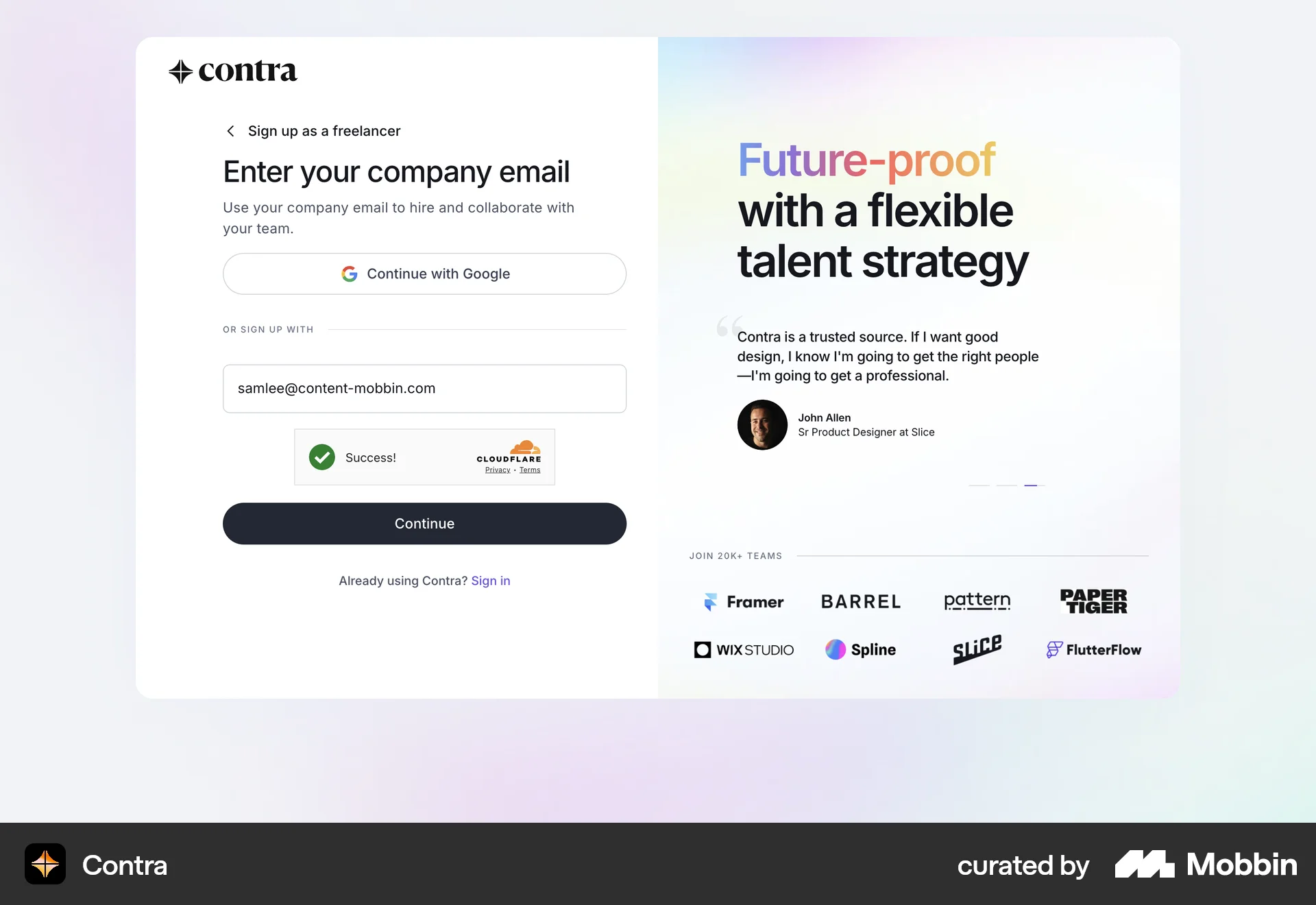 Contra Web Signup screen
