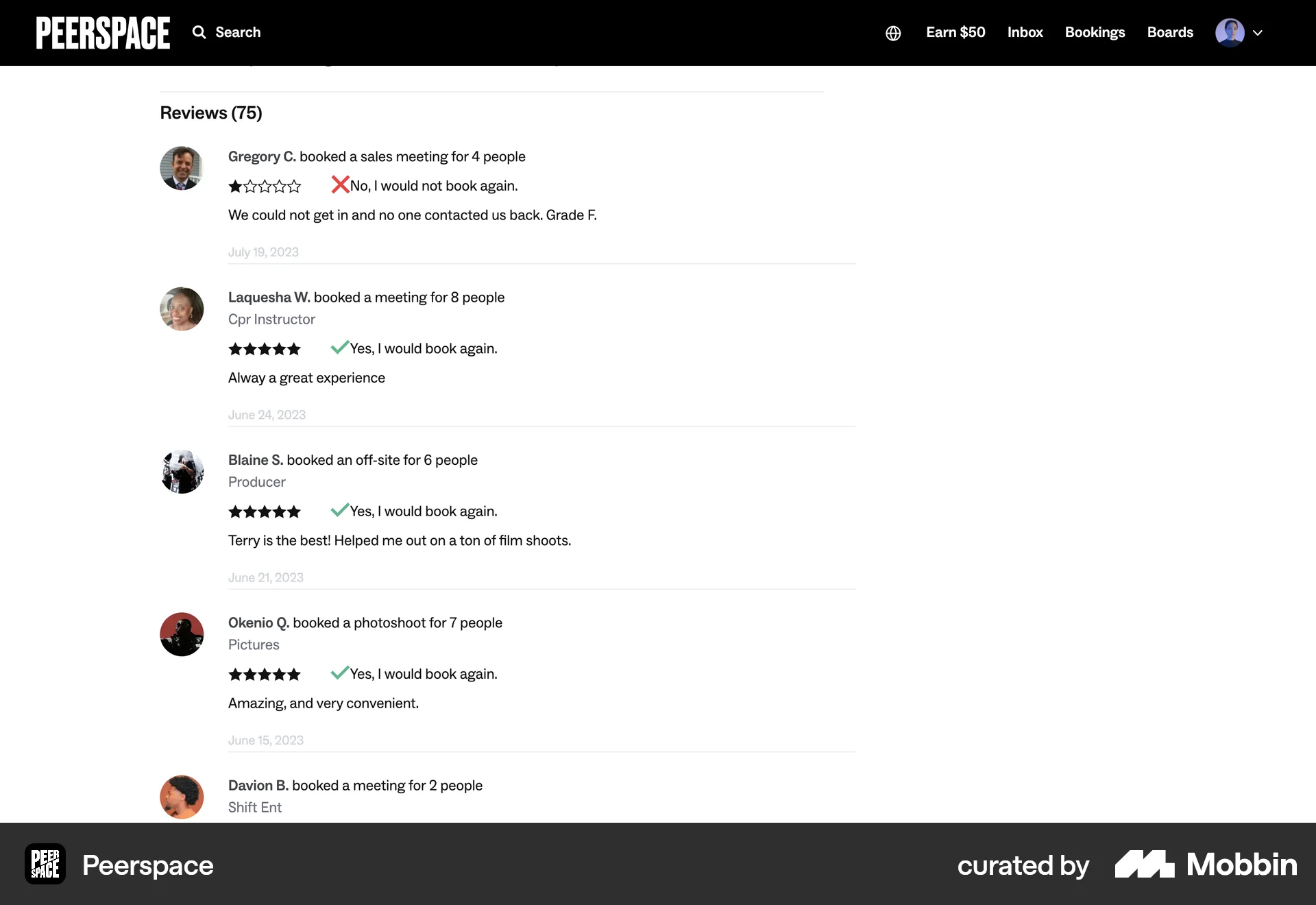 Peerspace Web Reviews & Ratings screen