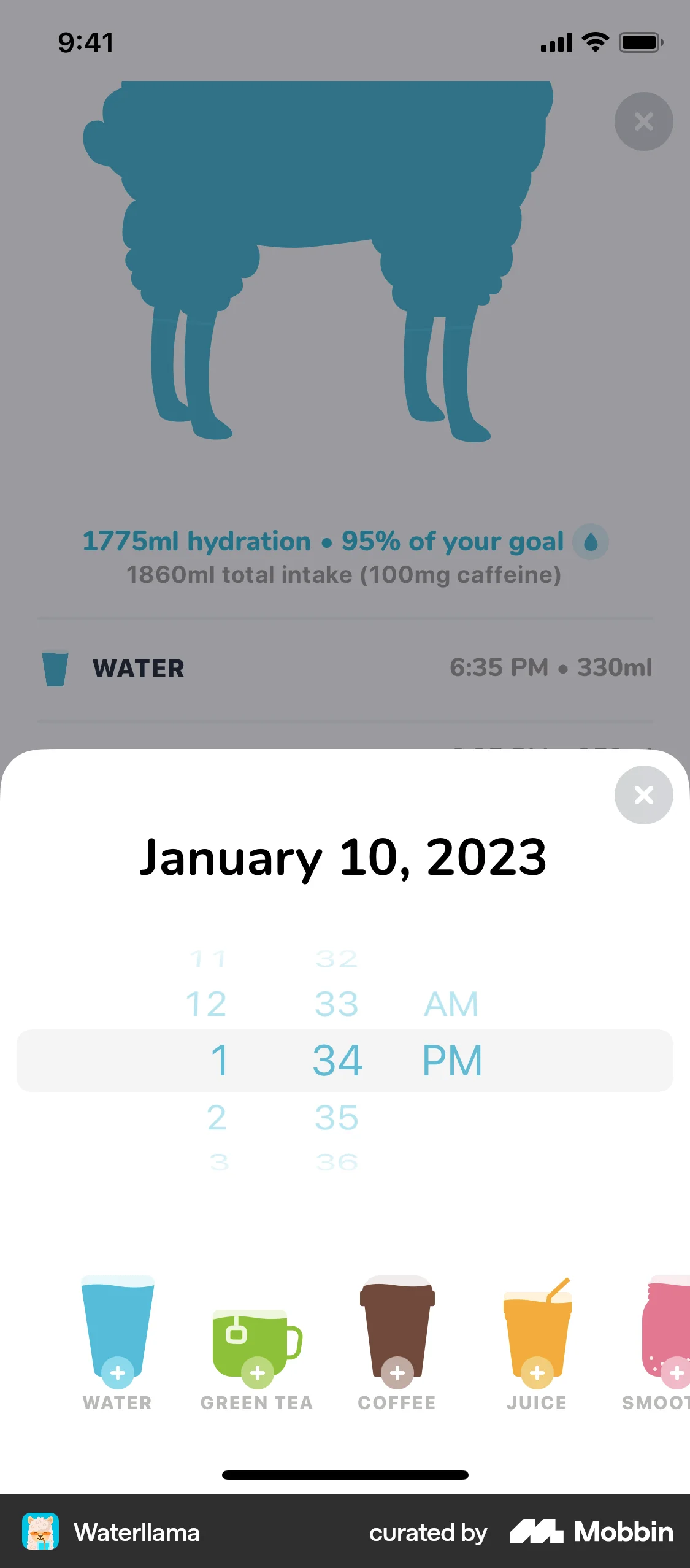 Waterllama iOS screen containing Time Picker UI element
