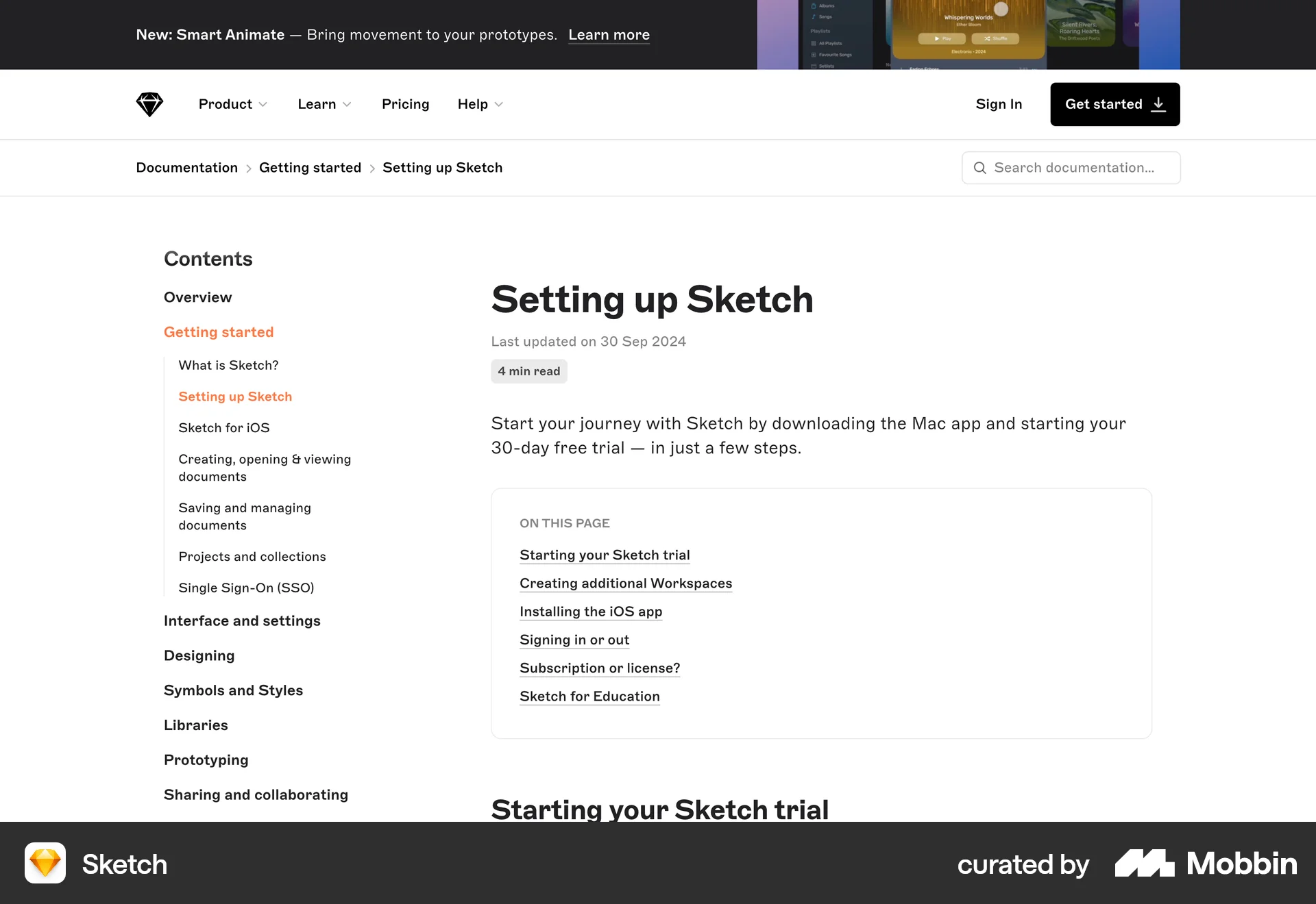 Sketch Web screen containing Table of Contents UI element