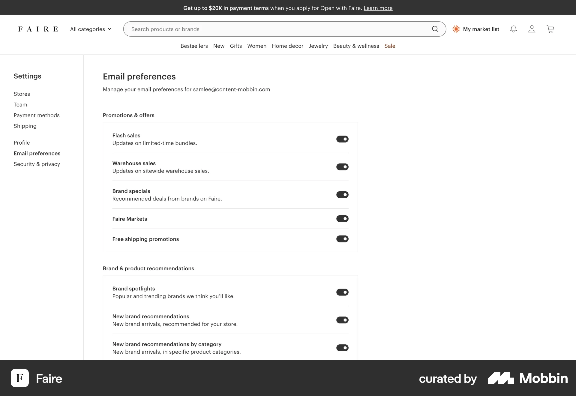 Faire Web Settings & Preferences screen