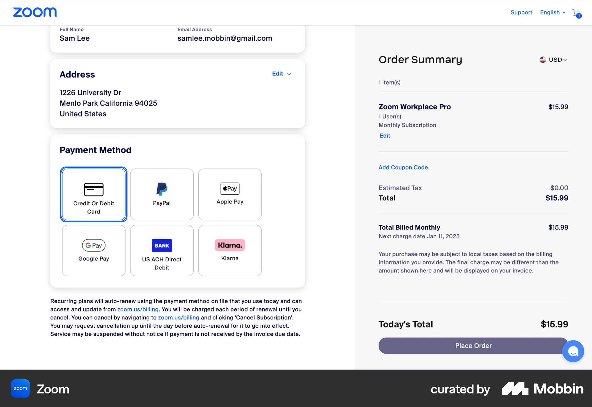 Zoom Web Payment Method screen