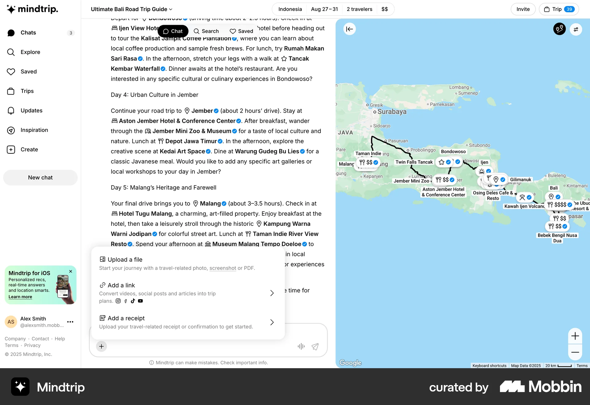 Mindtrip Web Action Option screen