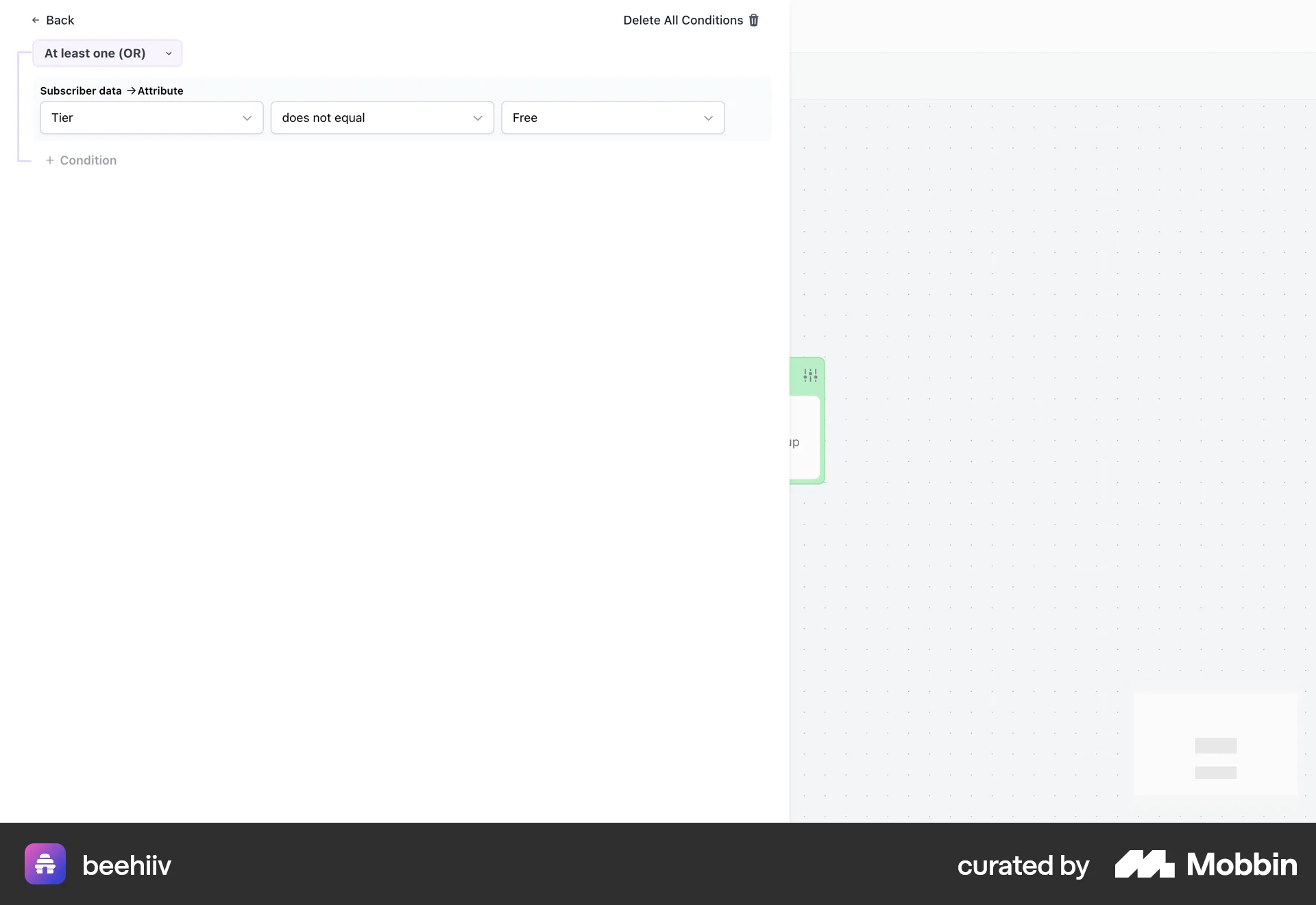 beehiiv Web screen containing Filter Panel UI UI element