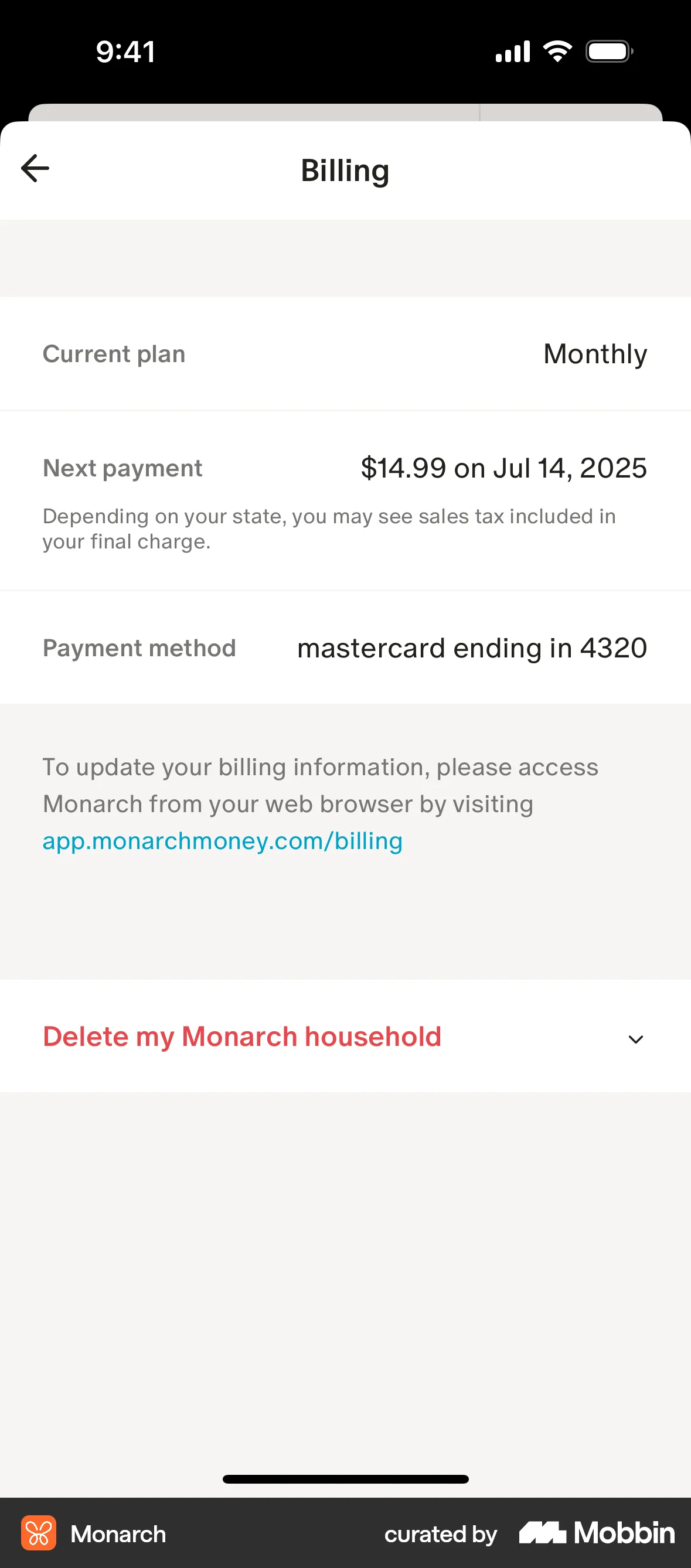 Monarch iOS Billing screen