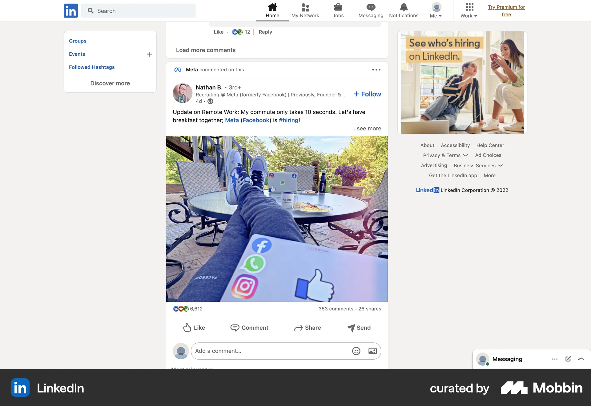 LinkedIn Web Social Feed screen