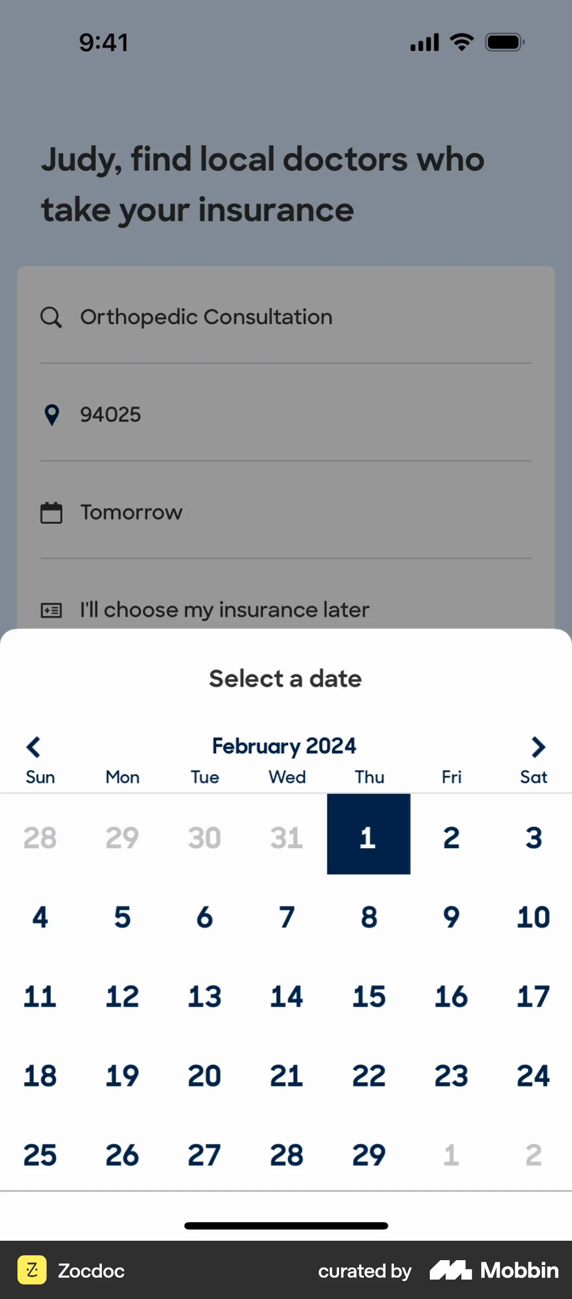 Zocdoc iOS Calendar screen