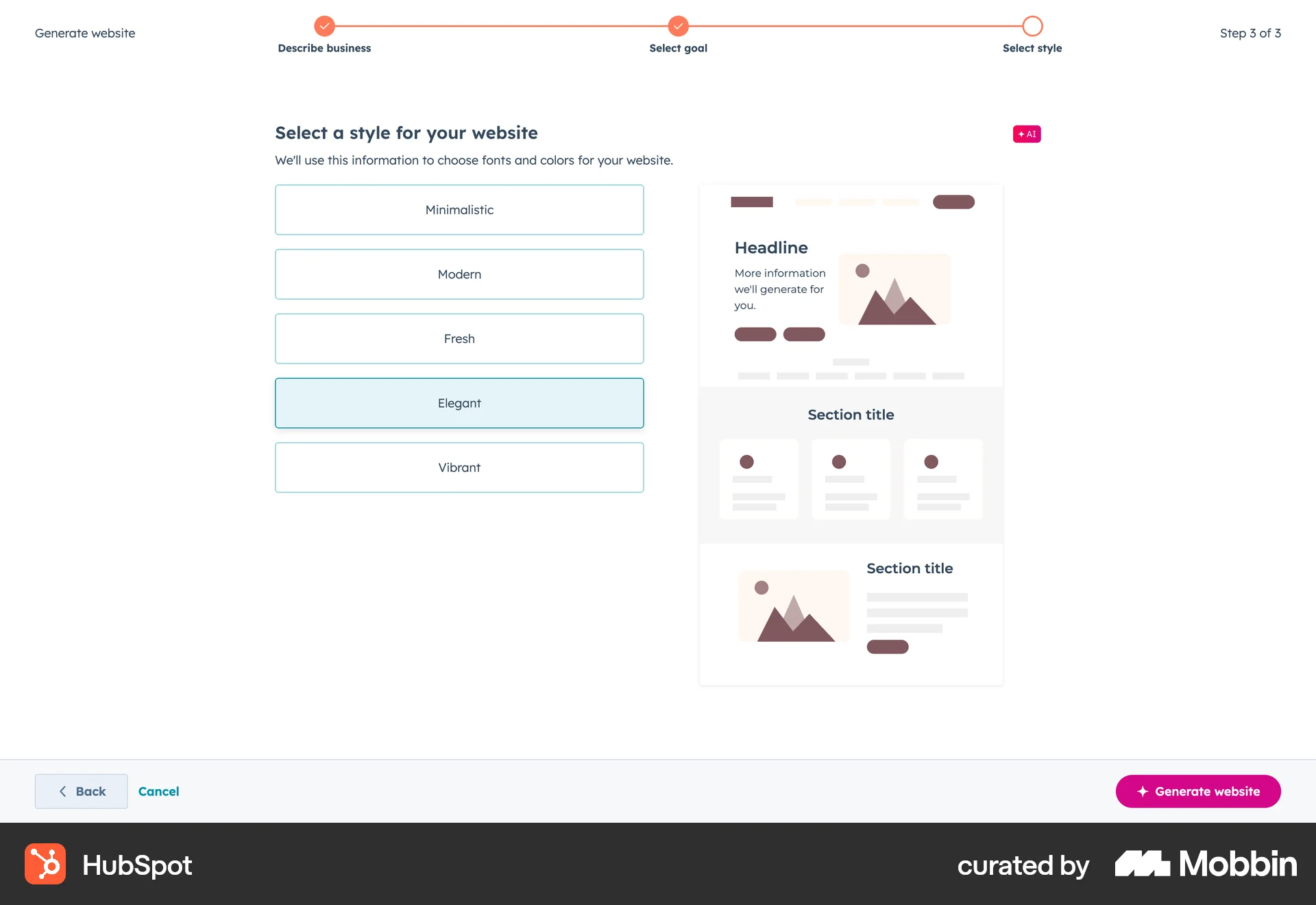 HubSpot Web Wizard UI screen